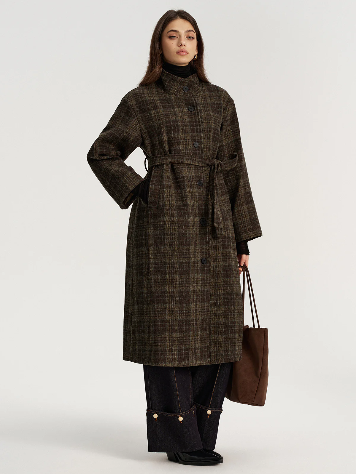 Belted Plaid Tweed Long Coat - Wholesalesil