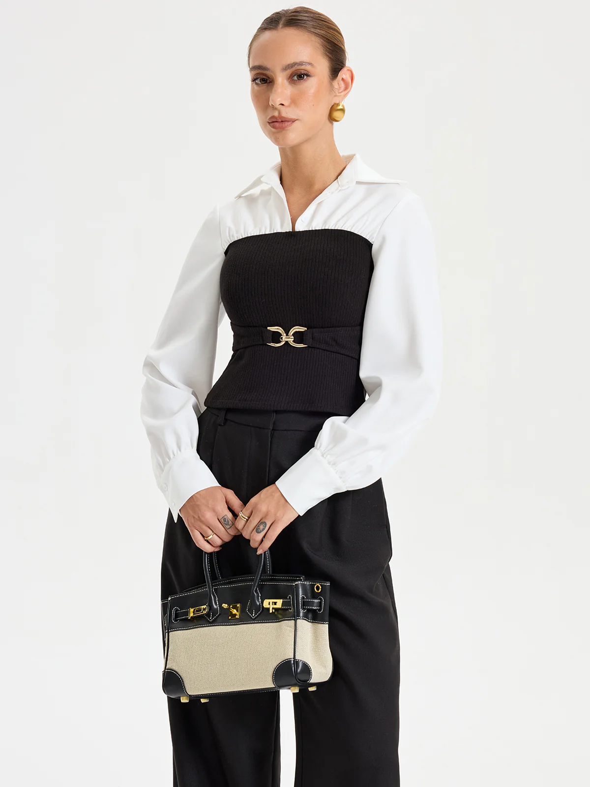 Contrast Ribbed Paneled Long Sleeve Shirt - Wholesalesil