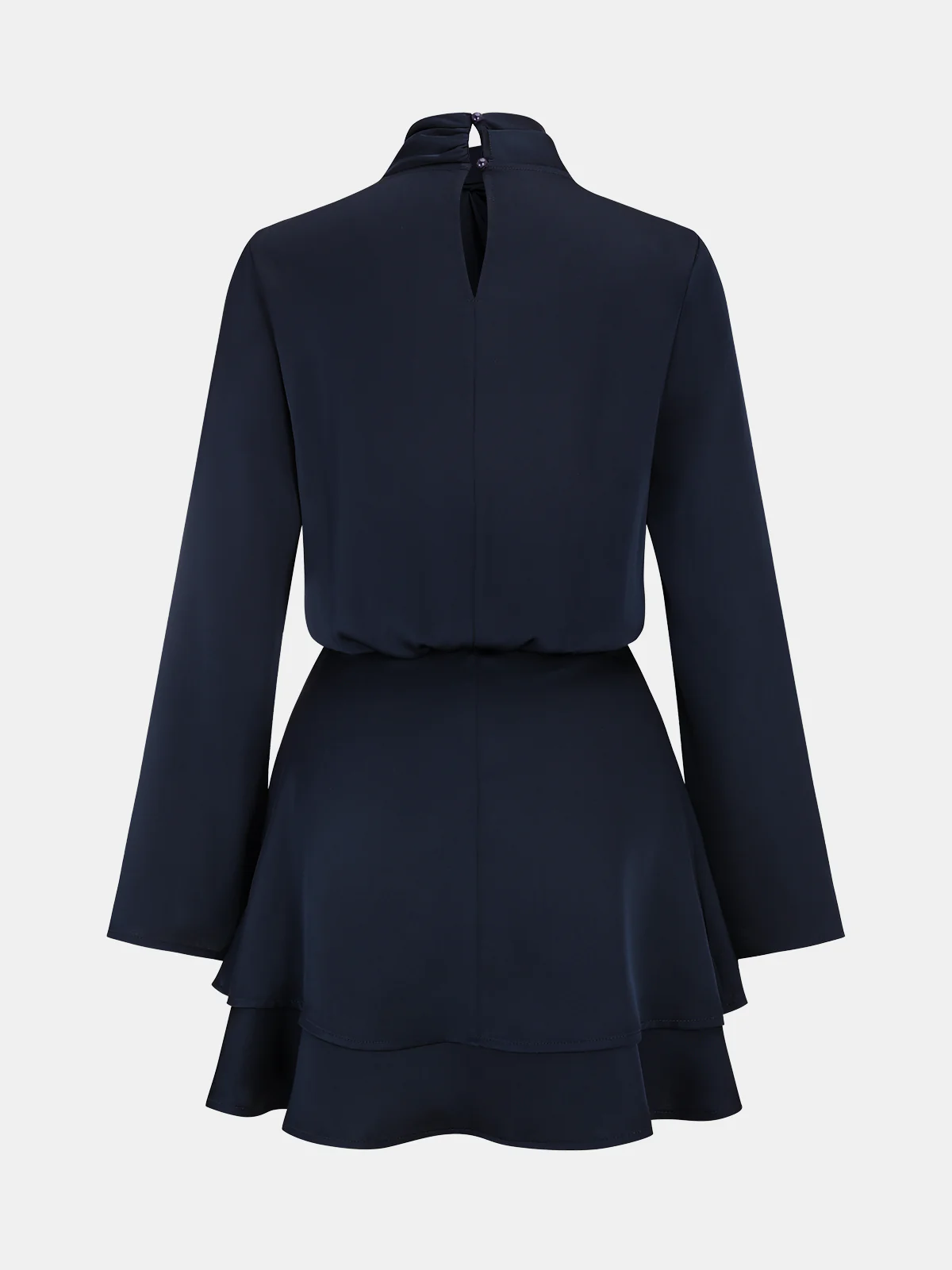 Long Sleeve Cross Neck Satin Tiered Mini Dress - Wholesalesil