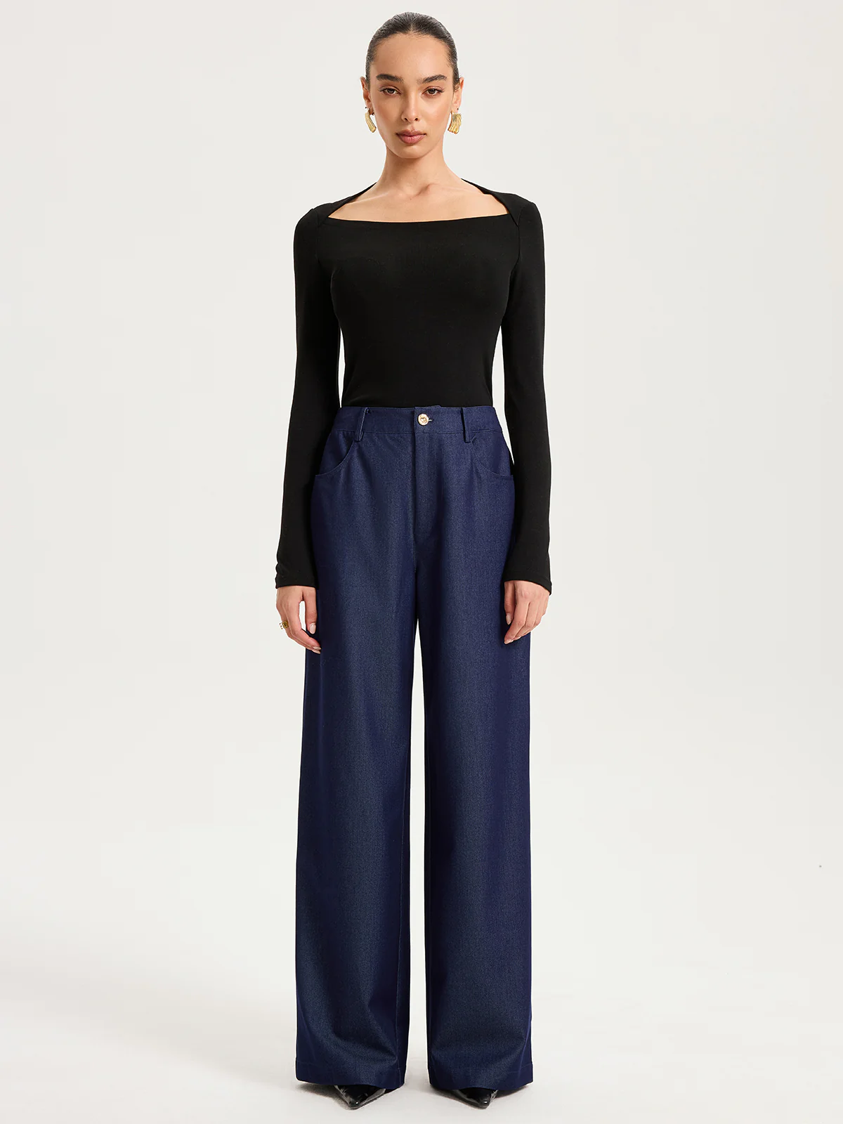 High-Waisted Wide-Leg Faux Denim Pants - Wholesalesil