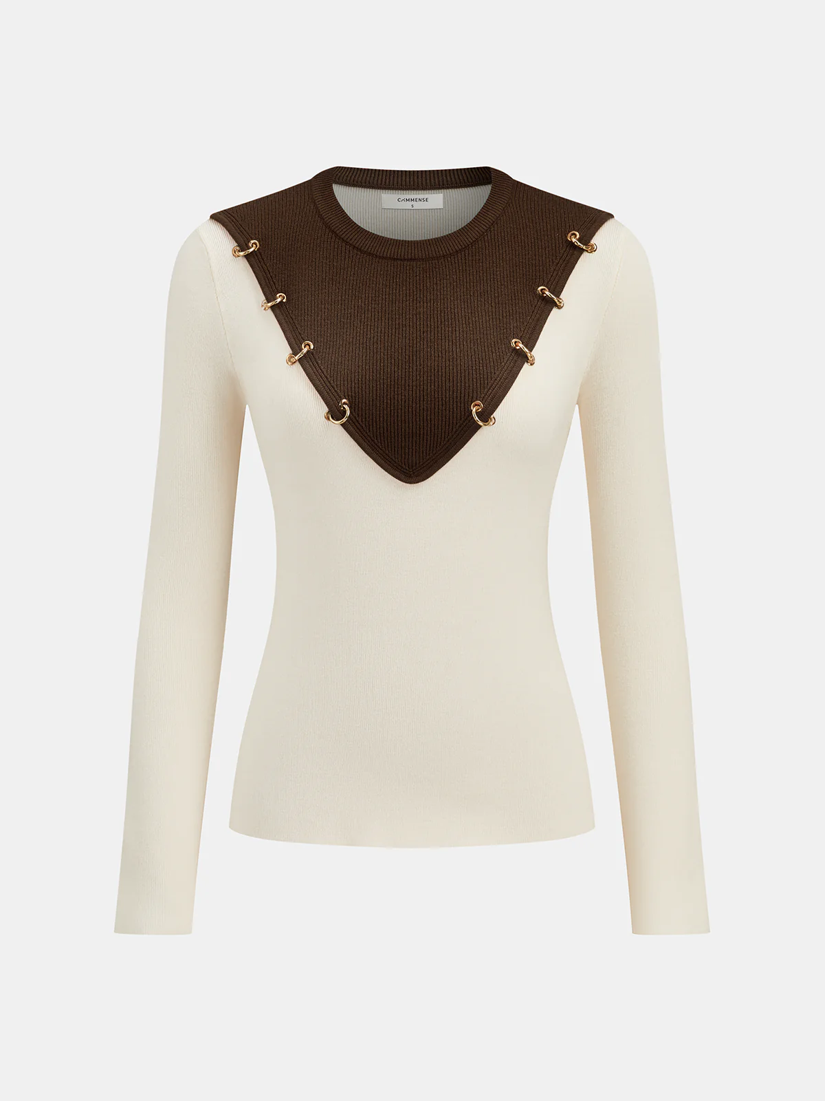 Metal Detail Color-Block Long Sleeve Knit Top - Wholesalesil