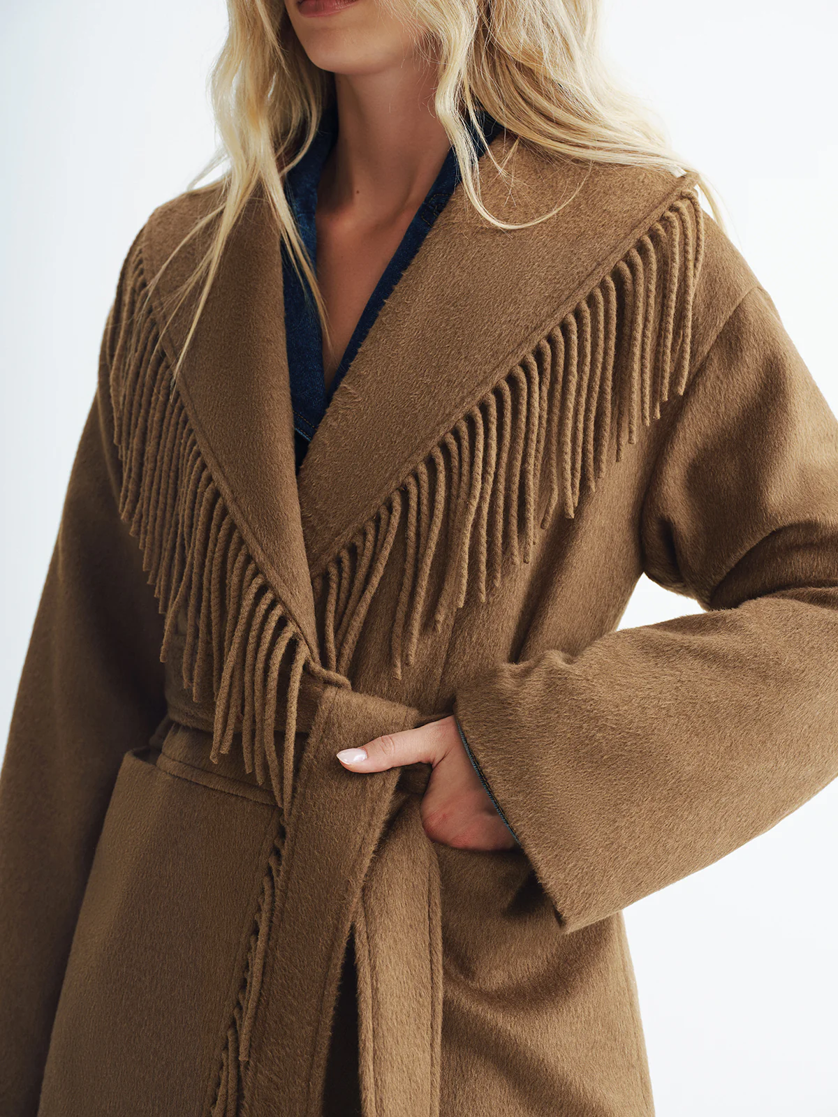 Fringed Belted Fleece Coat - Wholesalesil