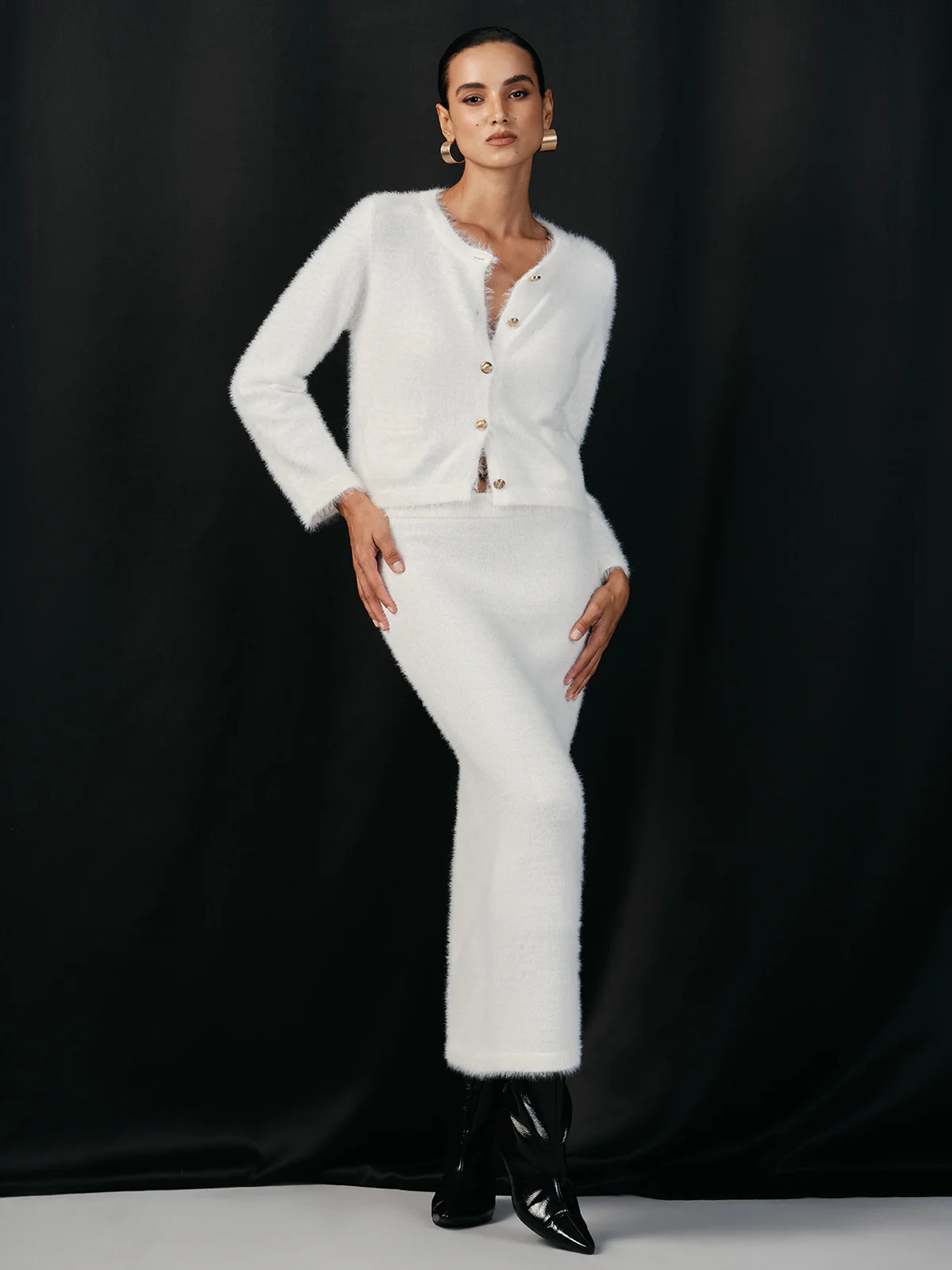 Fluffy Metal Button Cardigan and Skirt Set - Wholesalesil