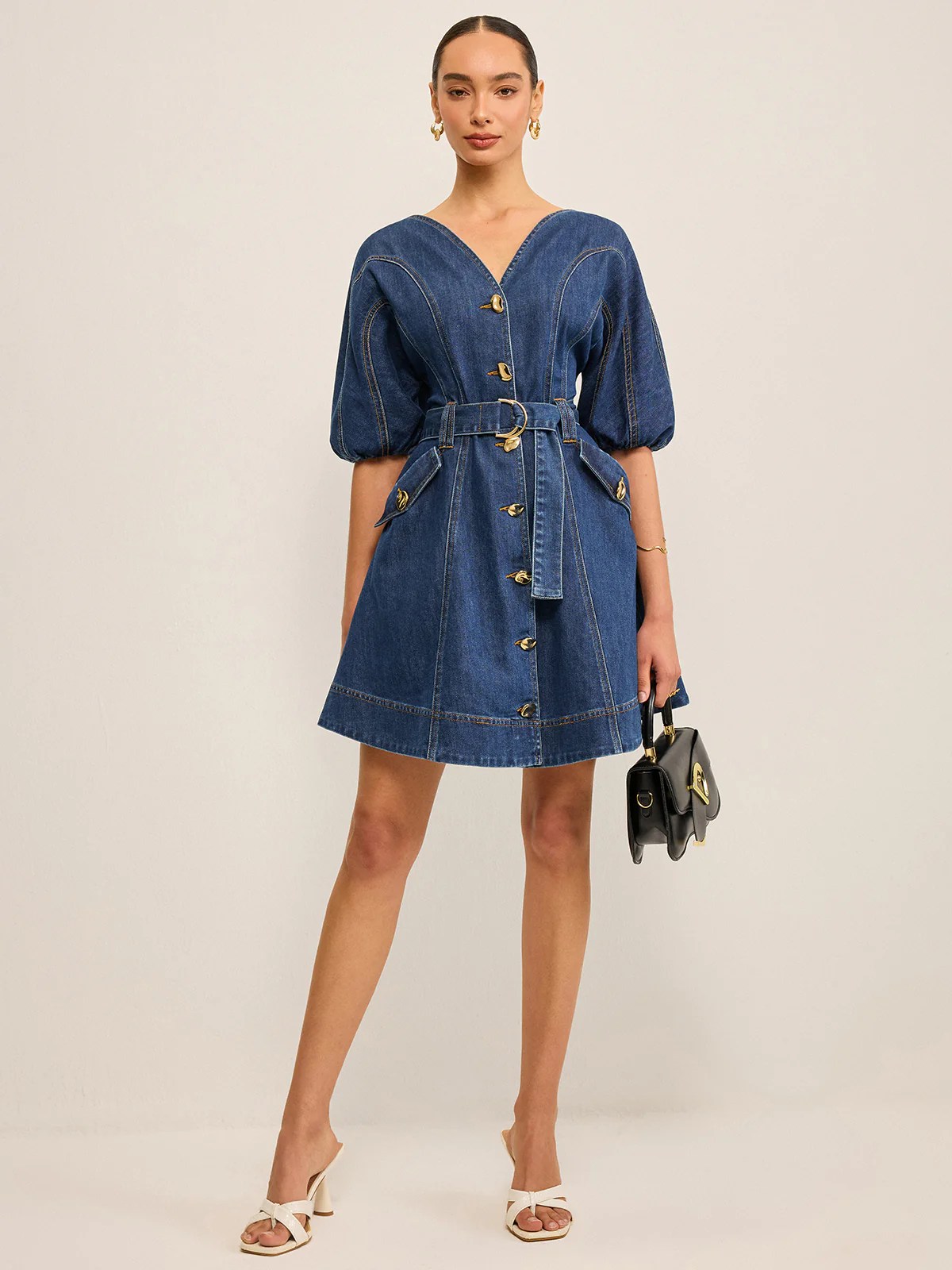 Pocketed Belted Denim Dress - Wholesalesil