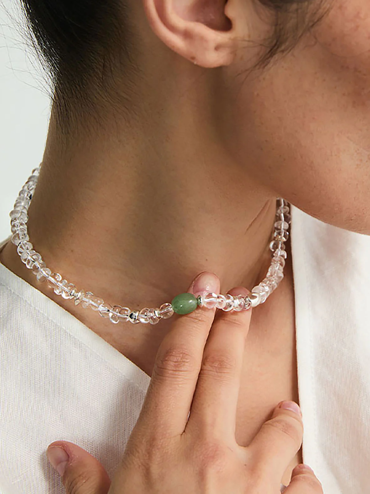 Clear Crystal Beaded Necklace with Green Gemstone Accent - Wholesalesil