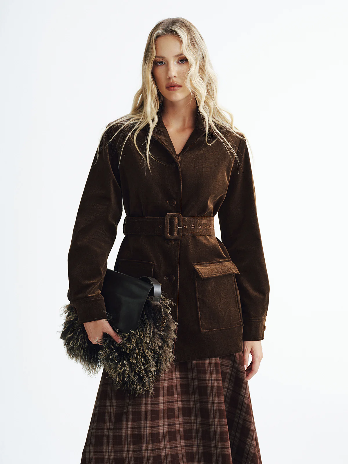 Collared Corduroy Belted Jacket - Wholesalesil