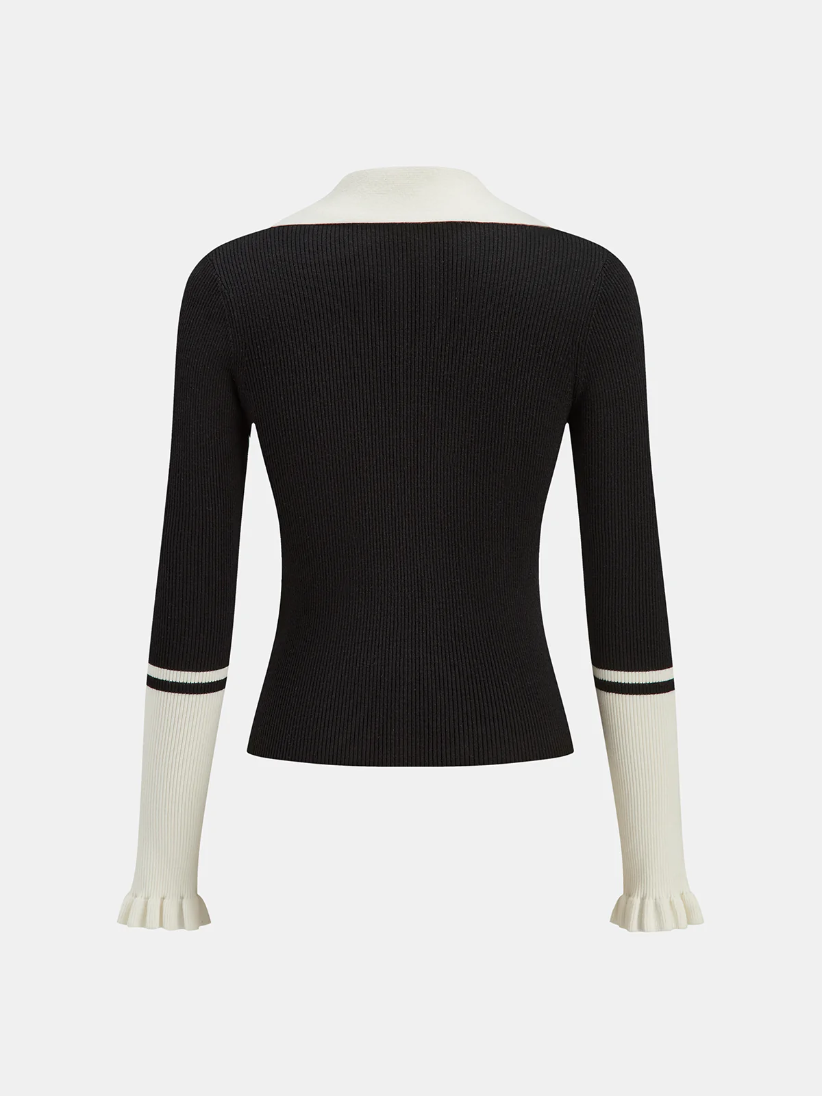 Ruffled Cuff Color-Block Collared Knit Top - Wholesalesil