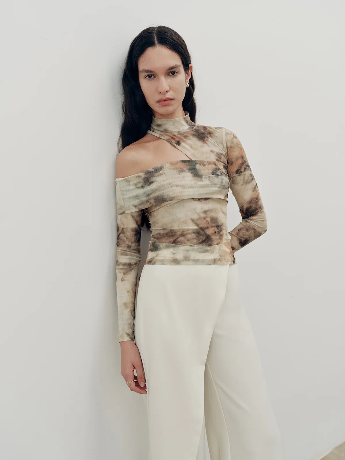 Tie-Dye Mesh One-Shoulder Long Sleeve Top - Wholesalesil