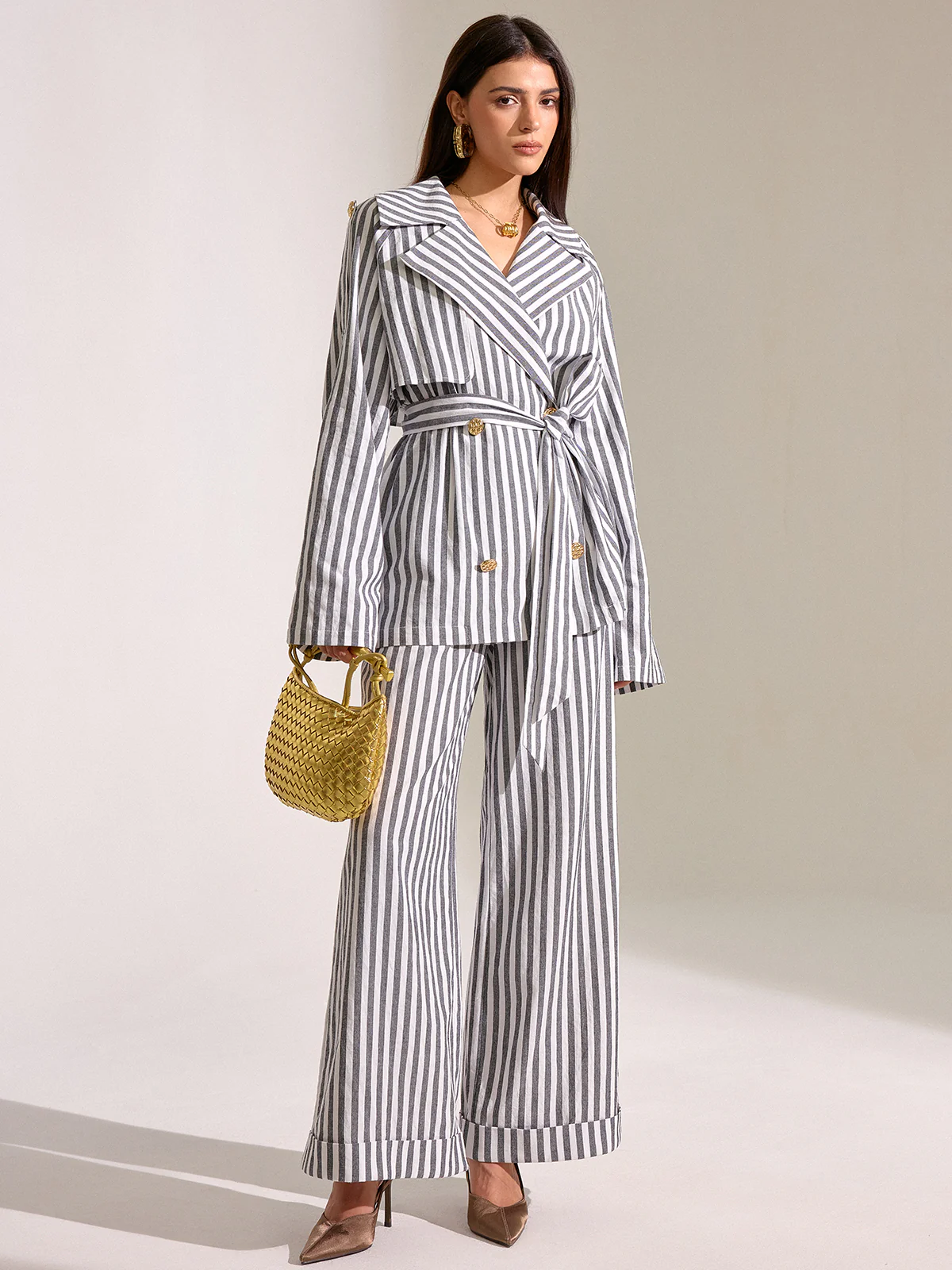 Striped Cotton Belted Trench Coat - Wholesalesil