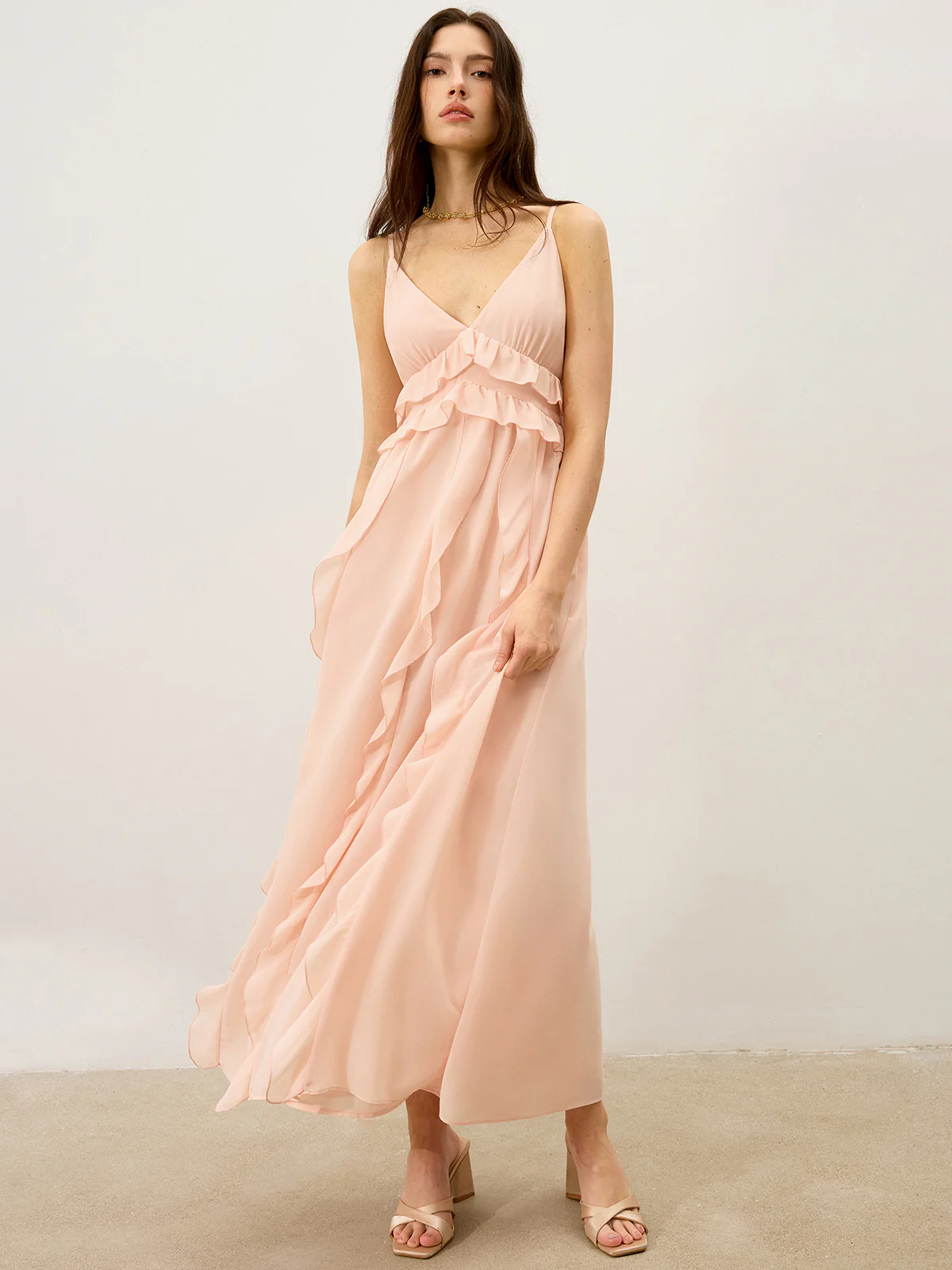 Semi-Sheer Chiffon Ruffle Trim Maxi Dress - Wholesalesil