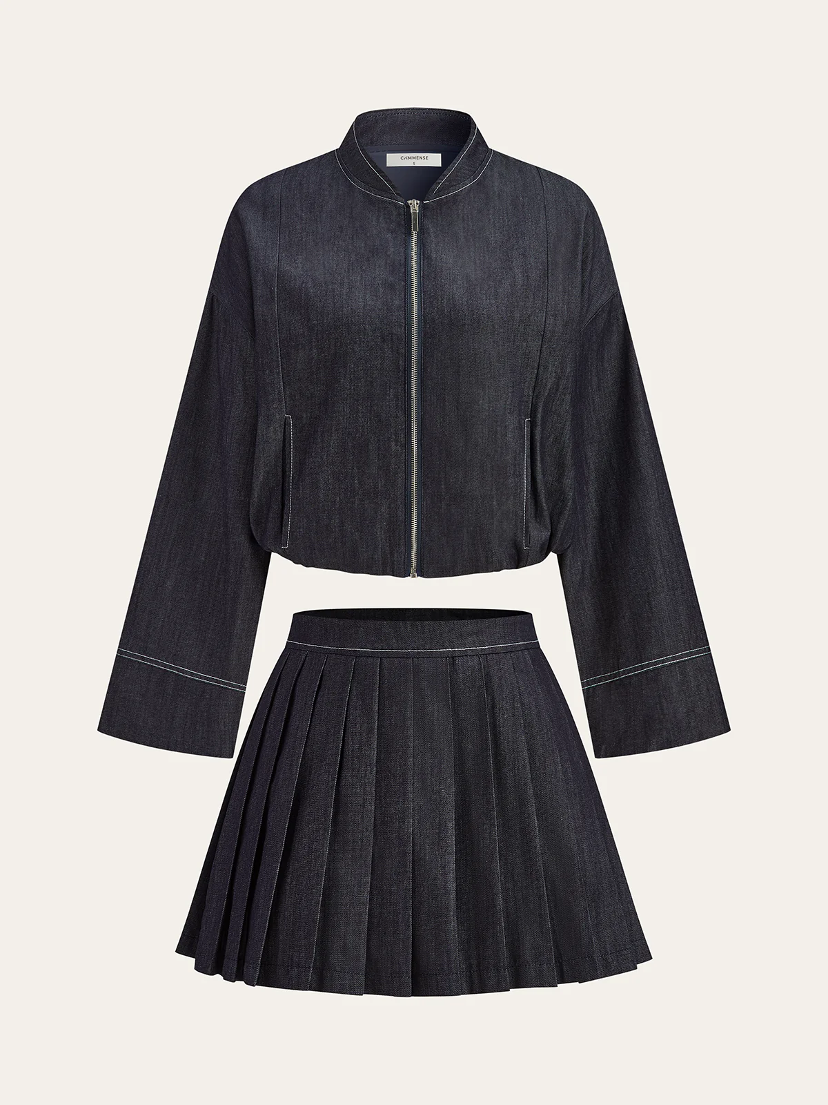 Zip Front Jacket and Pleated Mini Skirt Set - Wholesalesil