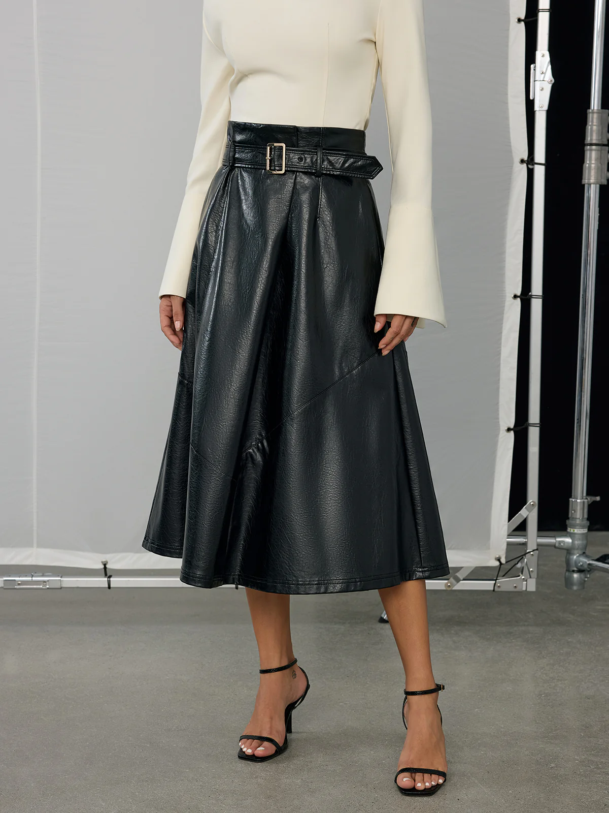 Belted PU Leather Maxi Skirt - Wholesalesil