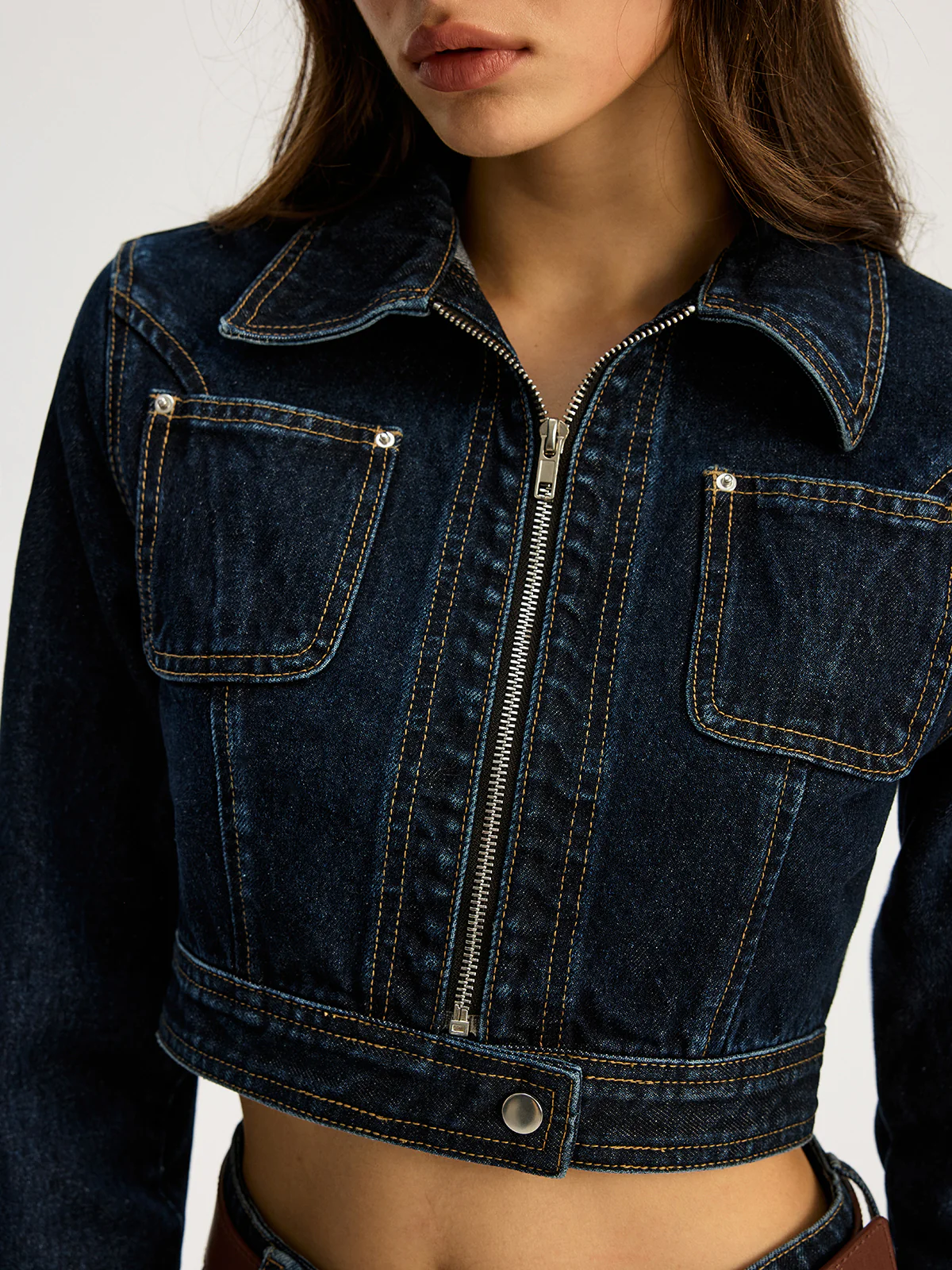 Zip Front Cropped Denim Jacket - Wholesalesil