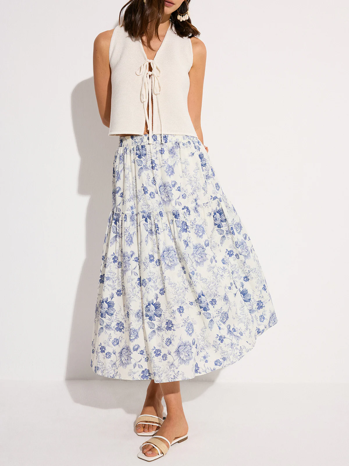 Floral Print Elastic Waist Midi Skirt - Wholesalesil
