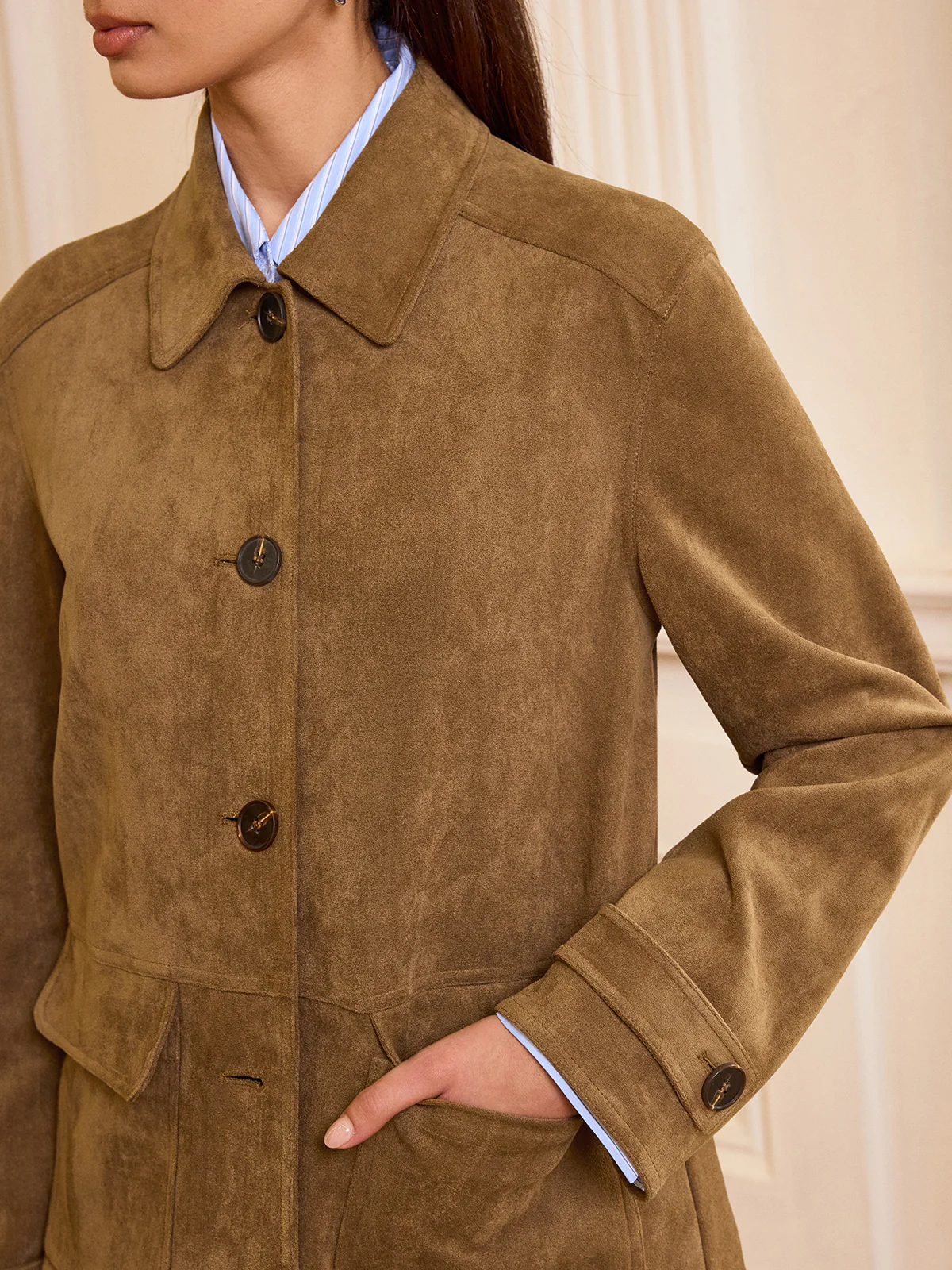 Collared Button-Front Suede Effect Blazer - Wholesalesil
