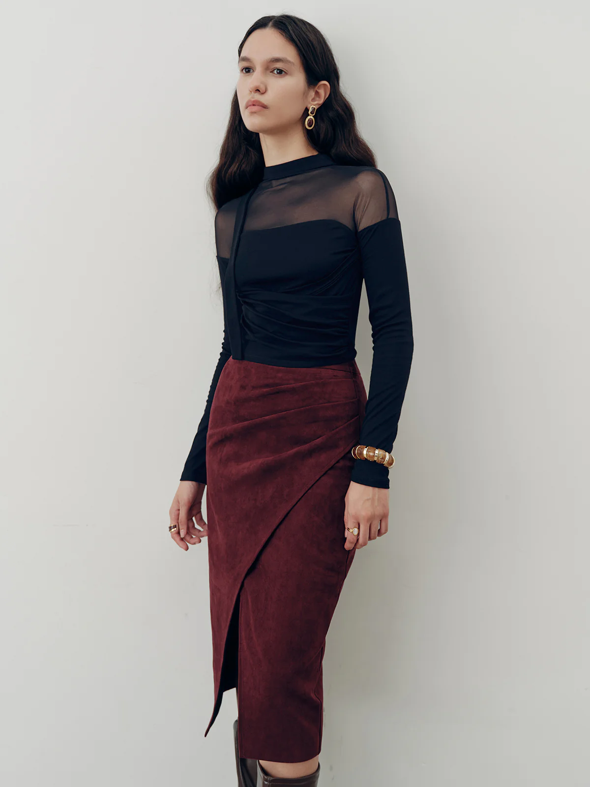 Suede Effect Pleated Slit Midi Skirt - Wholesalesil