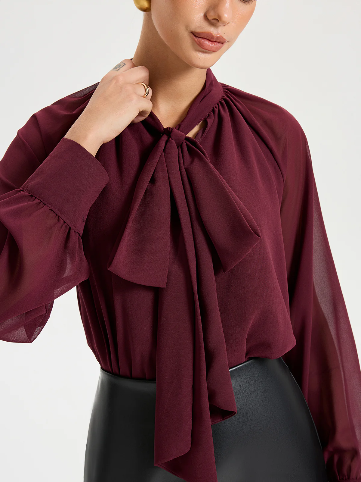 Tie Neck Long Sleeved Chiffon Blouse - Wholesalesil