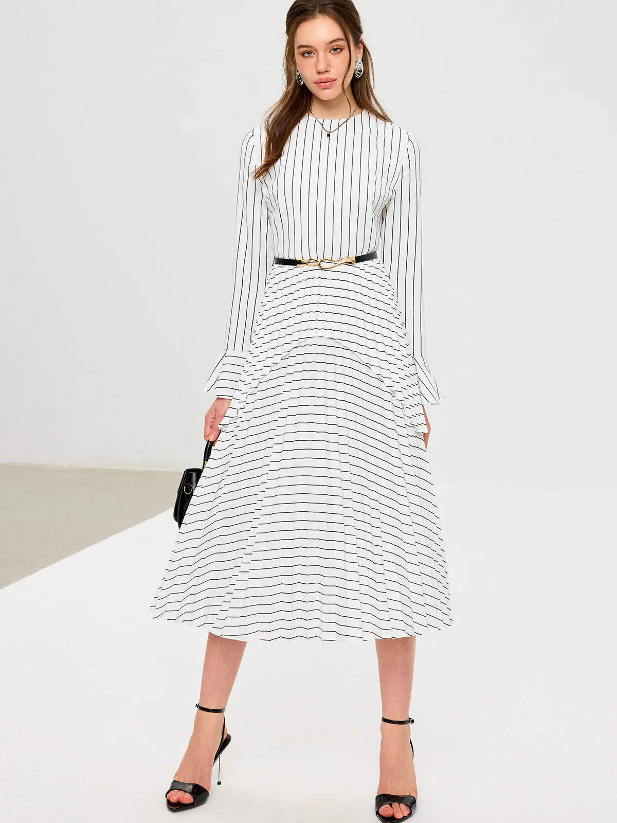 Striped Long Sleeve Belted Midi Dress - Wholesalesil