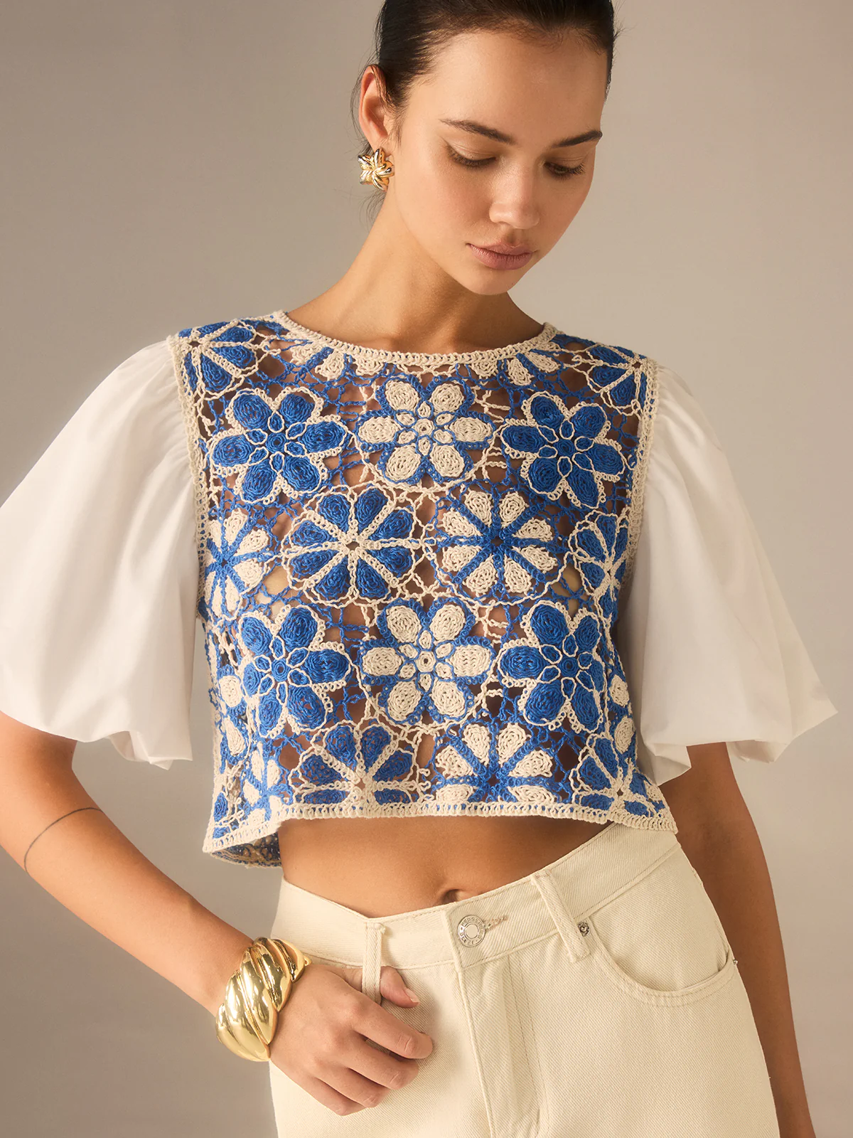 Crochet Floral Top with Puff Sleeves Panel - Wholesalesil