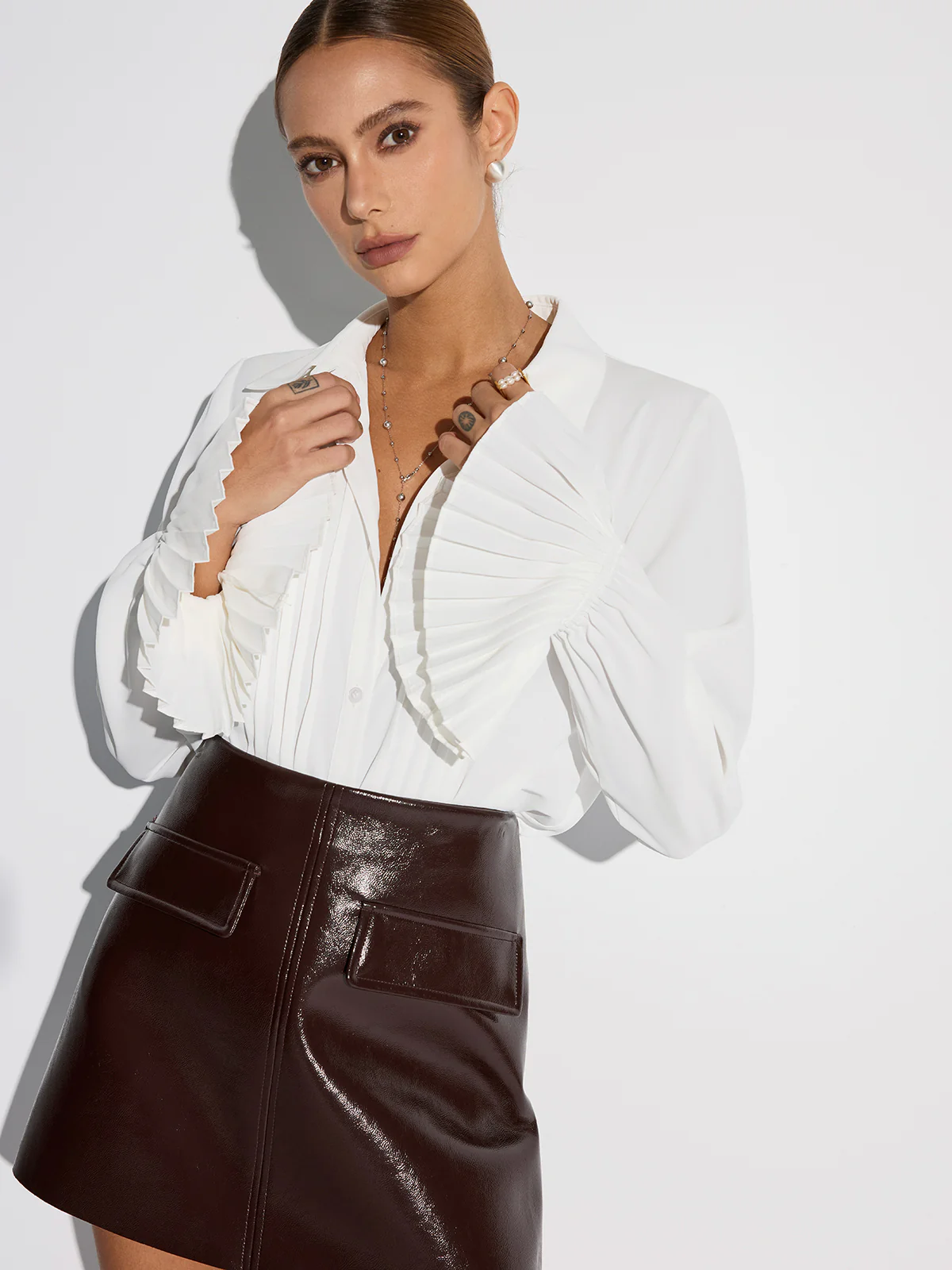 Pleated Bell Sleeve Shirt - Wholesalesil