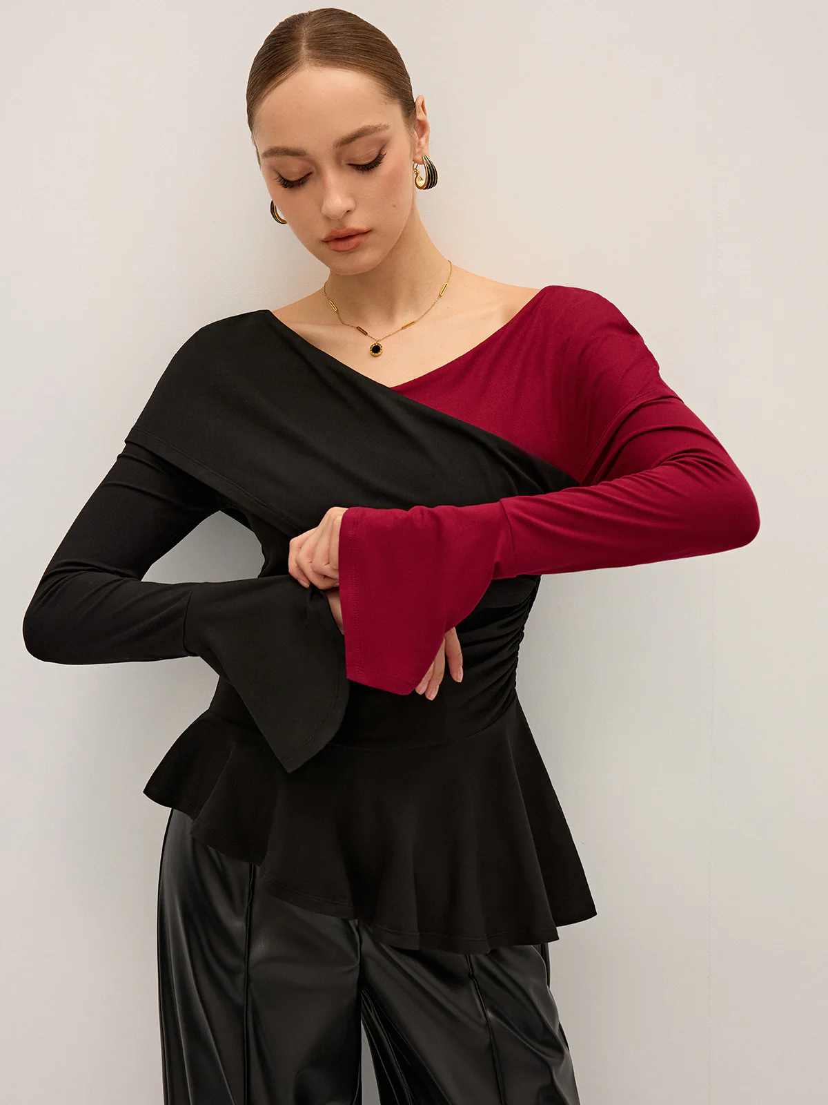 Two-Tone Asymmetric Peplum T-Shirt - Wholesalesil