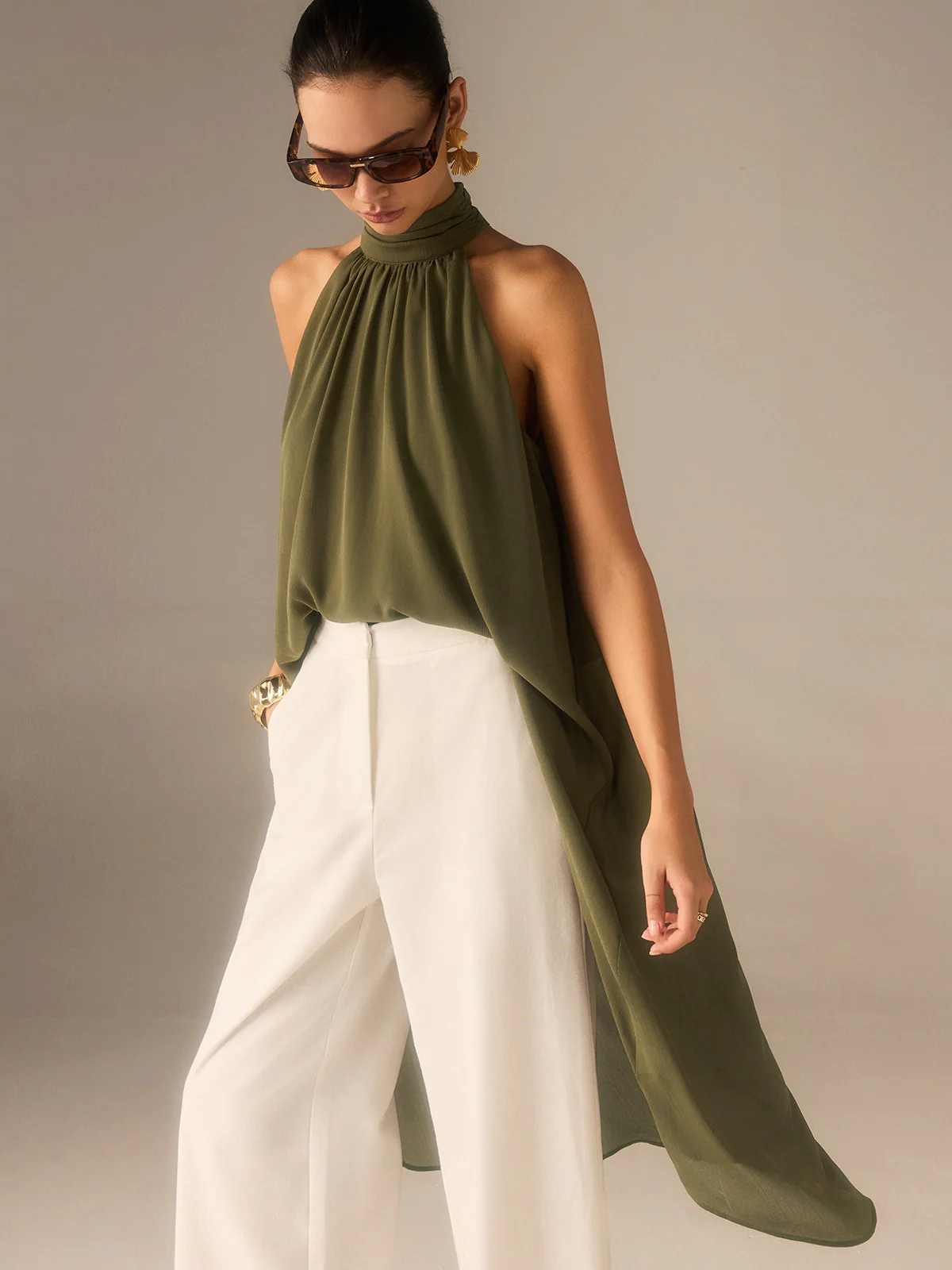 Semi-Sheer Halter-Neck Chiffon Long Top - Wholesalesil