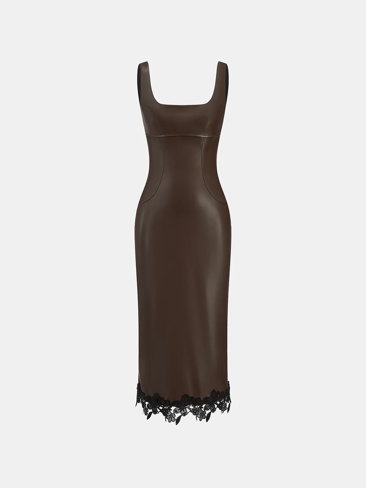 Lace Trim PU Leather Sleeveless Maxi Dress - Wholesalesil