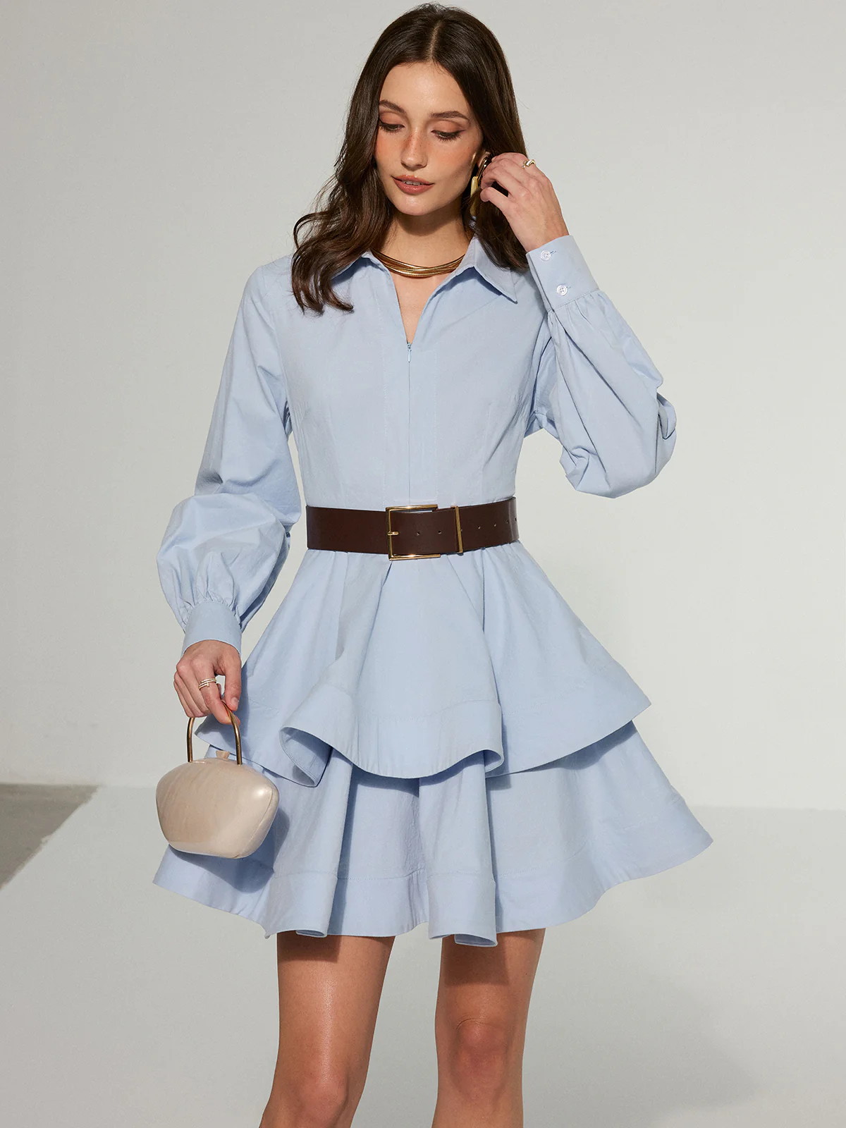 Belted Zip-Front Cotton Tiered Shirt Dress - Wholesalesil