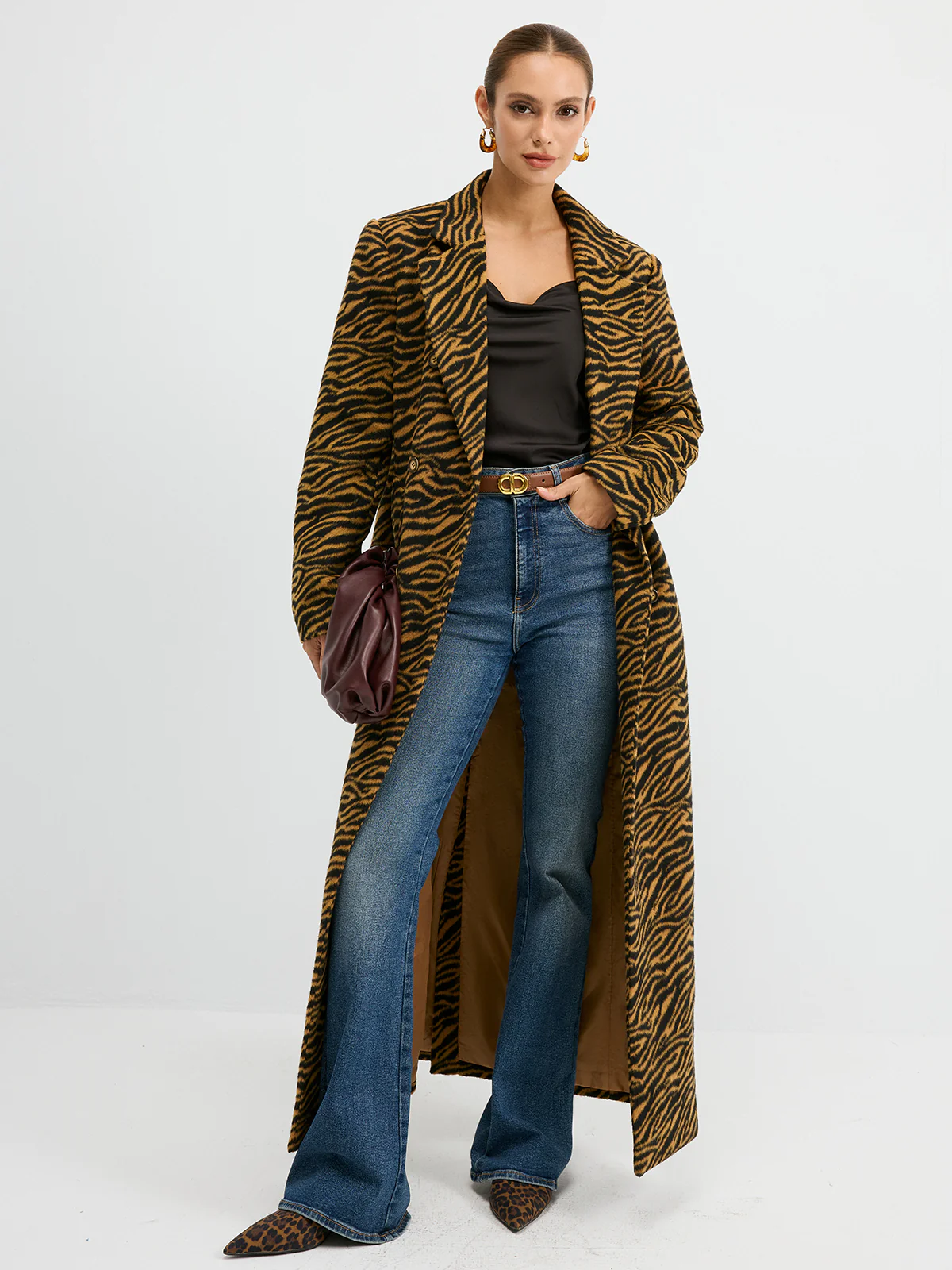 Tiger Print Oversized Tweed Long Coat - Wholesalesil