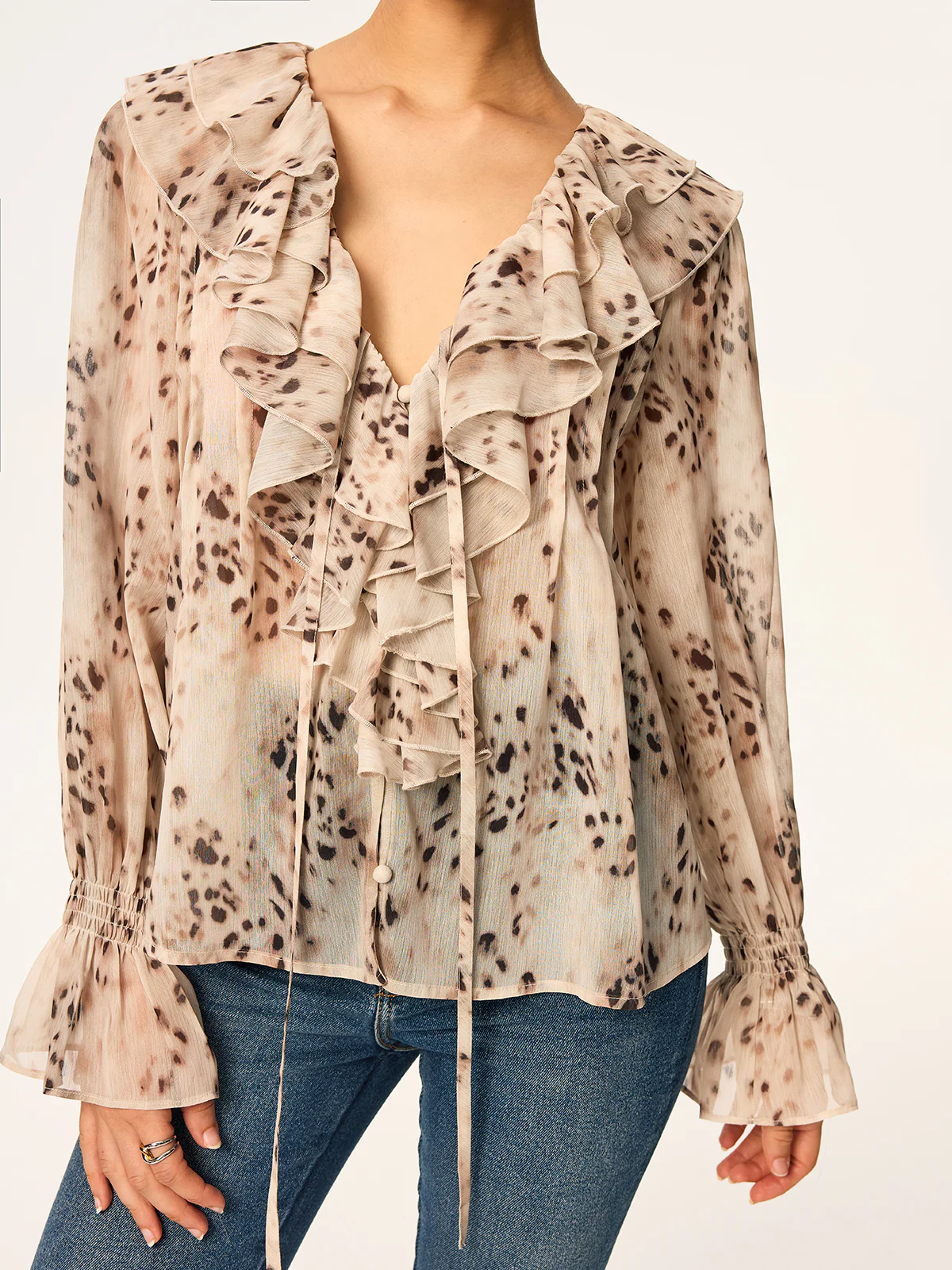 Leopard Print Chiffon Ruffle Shirt - Wholesalesil