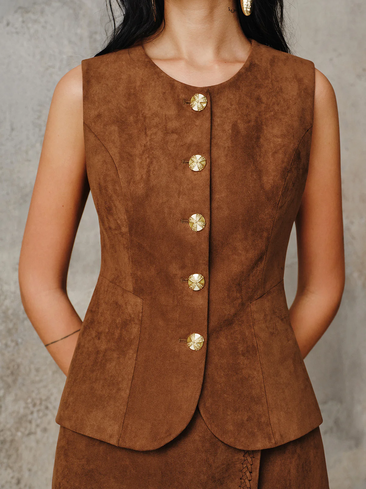 Suede Effect Metal Button Vest - Wholesalesil