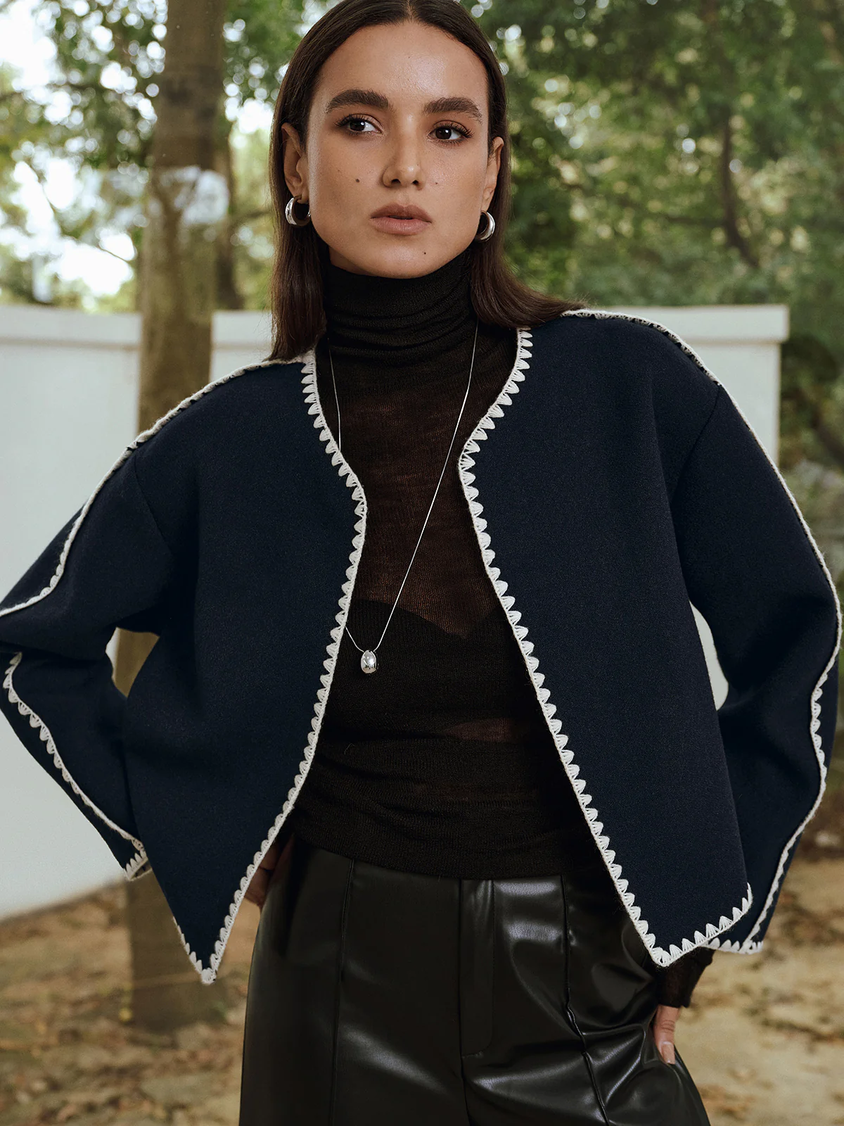 Contrast Scallop Trim Tweed Jacket - Wholesalesil