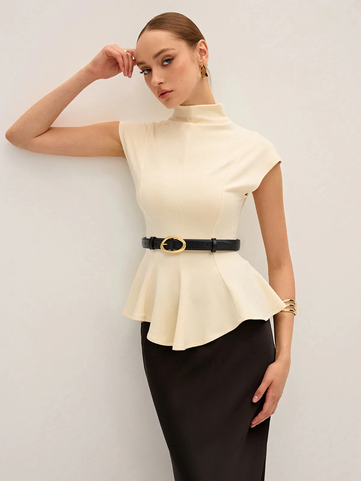 Mock Neck Cap Sleeve Peplum Top - Wholesalesil