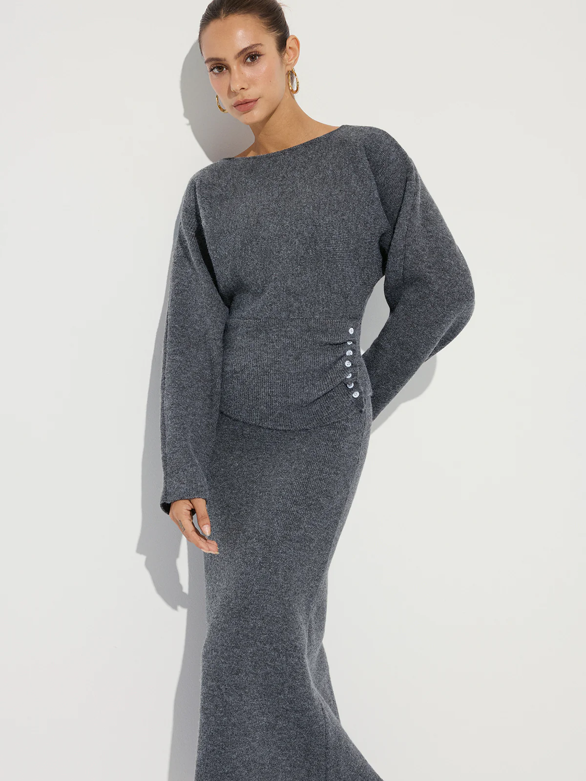 Knit Button Detail Top and Maxi Skirt Set - Wholesalesil