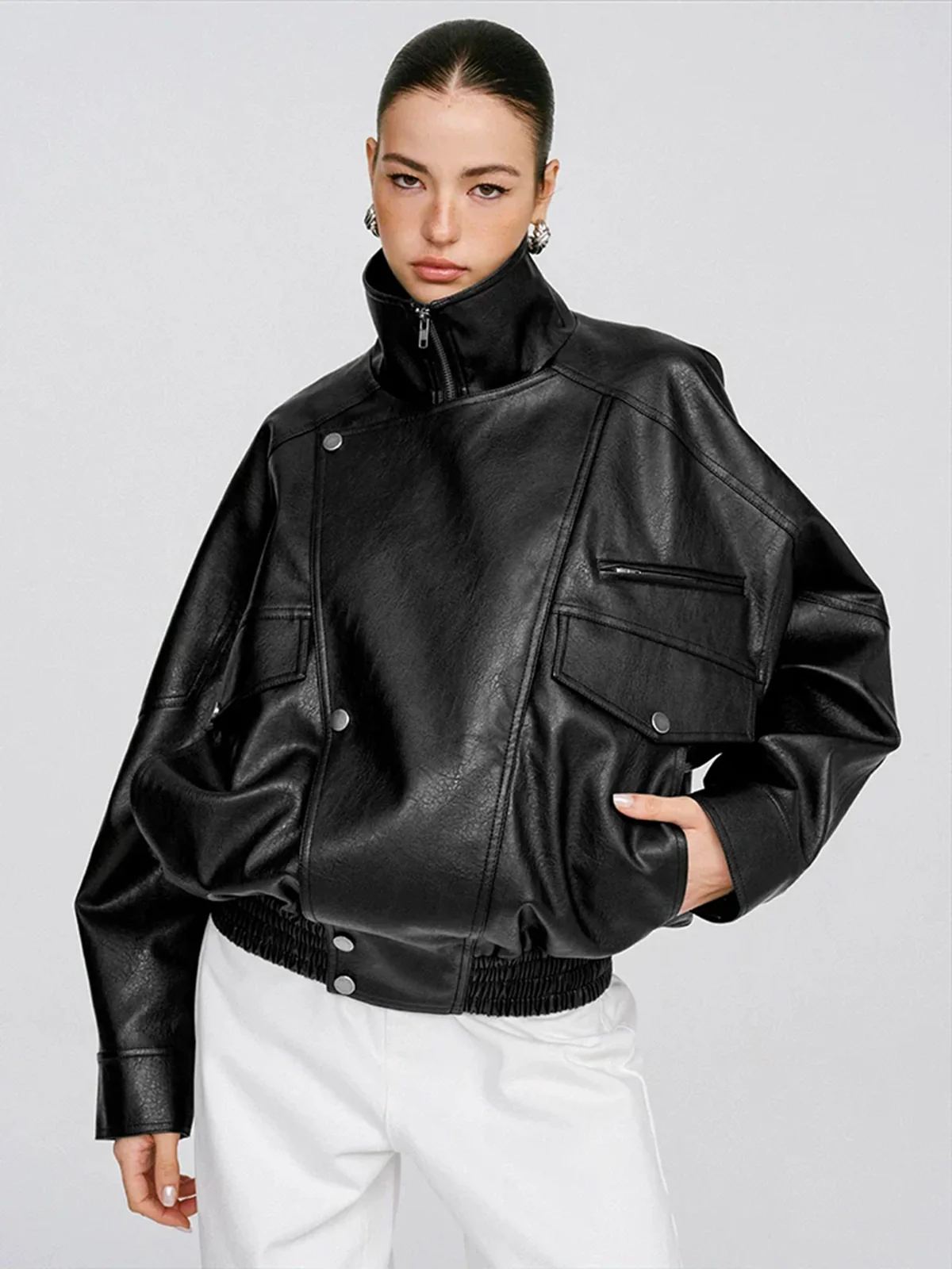 Collared Oversized PU Leather Jacket - Wholesalesil