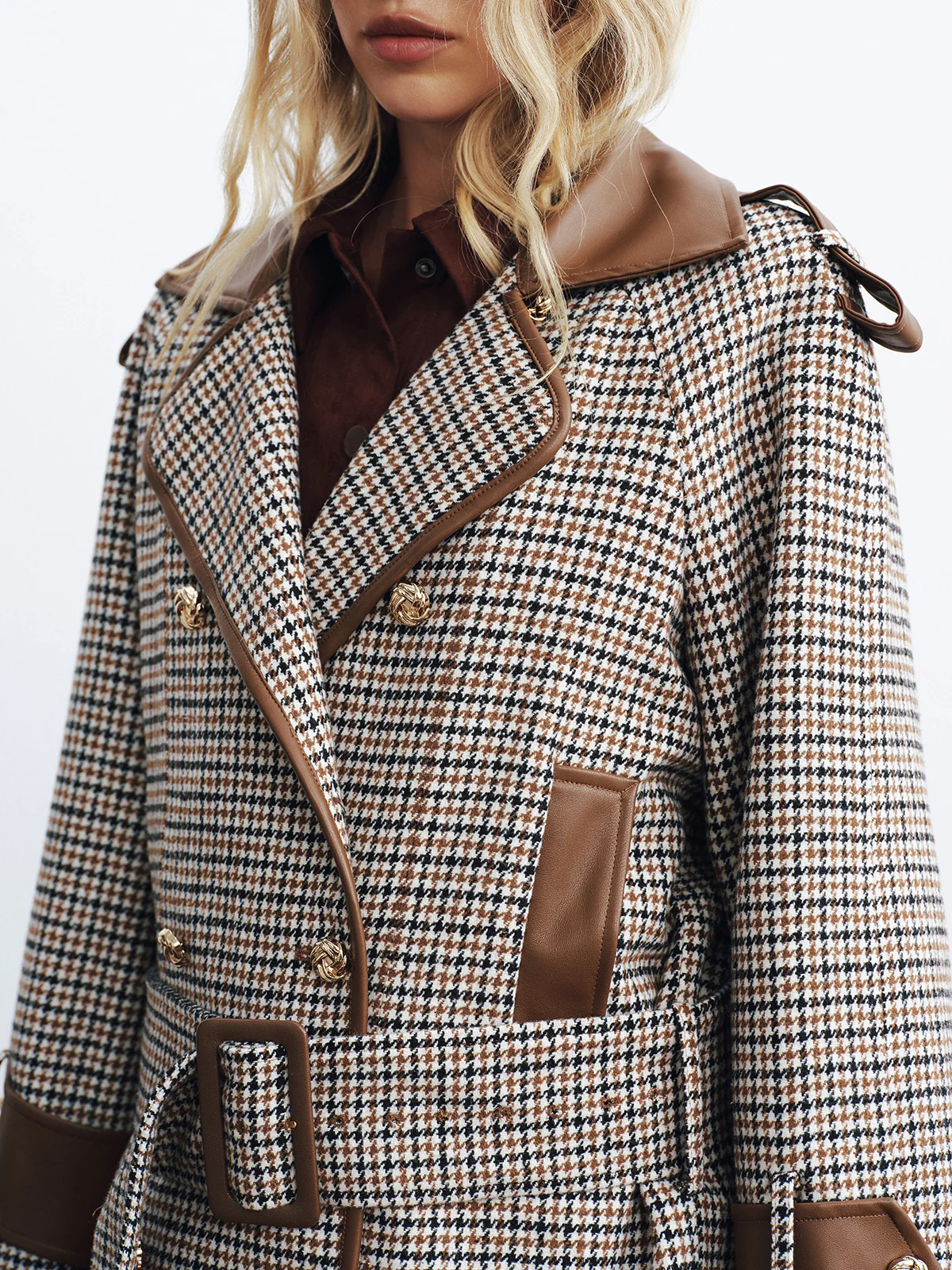 Faux Leather Trim Belted Houndstooth Coat - Wholesalesil