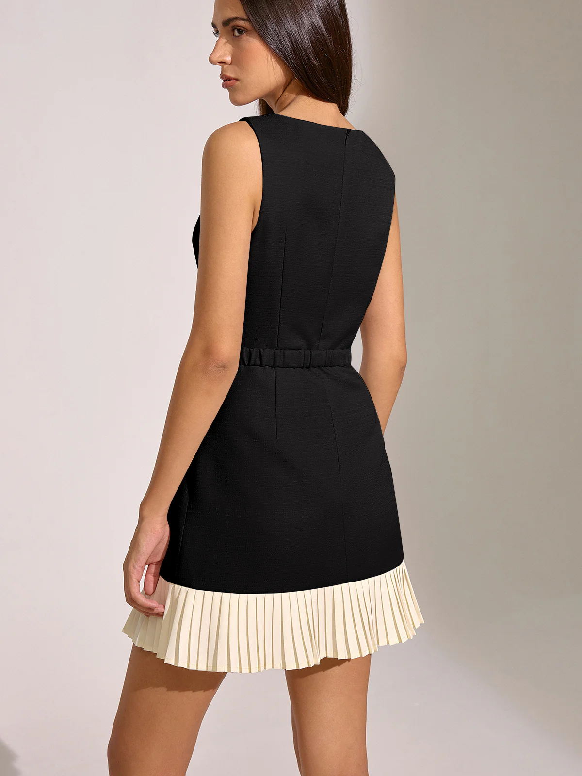 Contrast Pleated Hem Sleeveless Belted Mini Dress - Wholesalesil