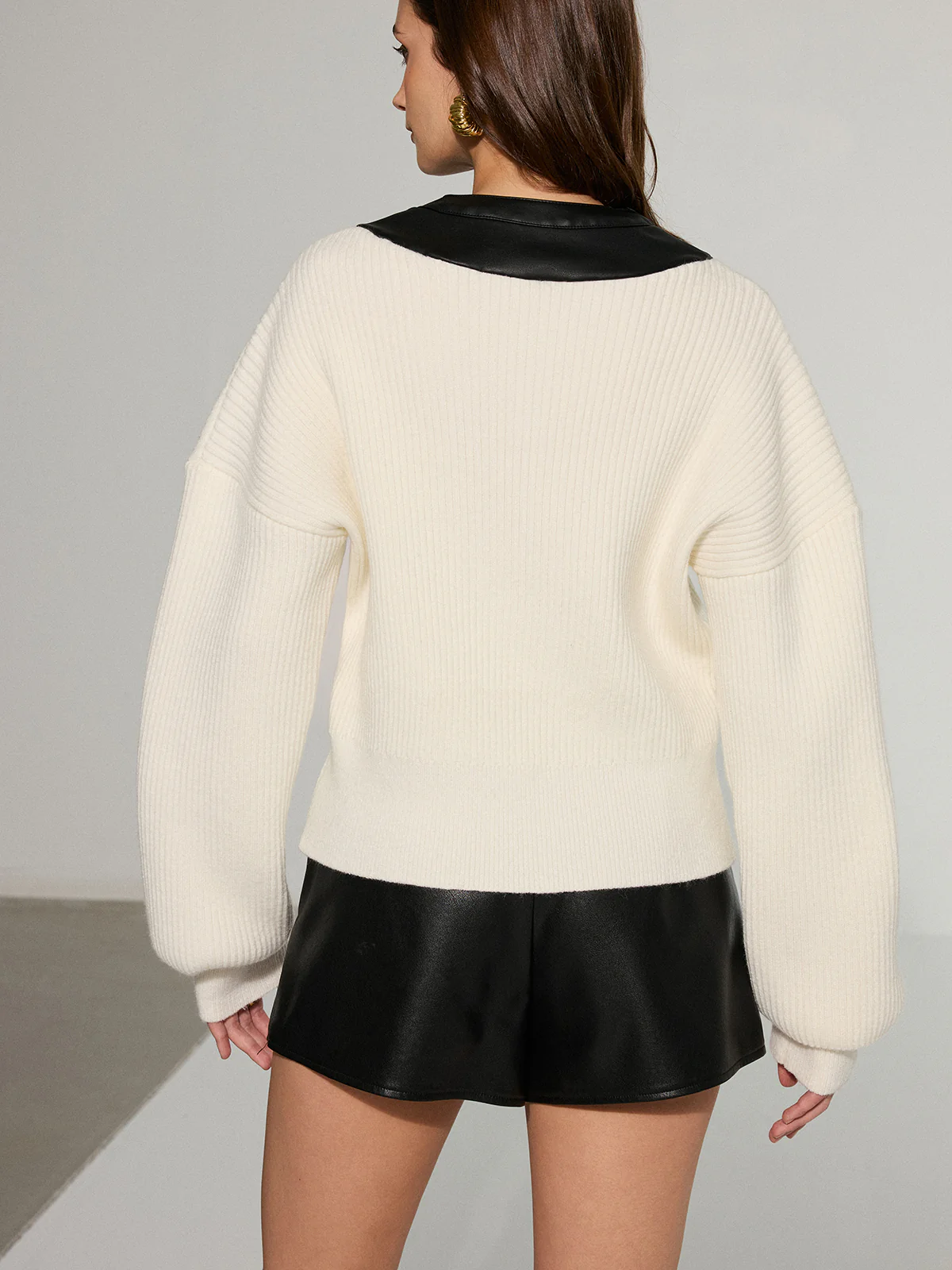 Leather Patchwork Button Down Cardigan - Wholesalesil