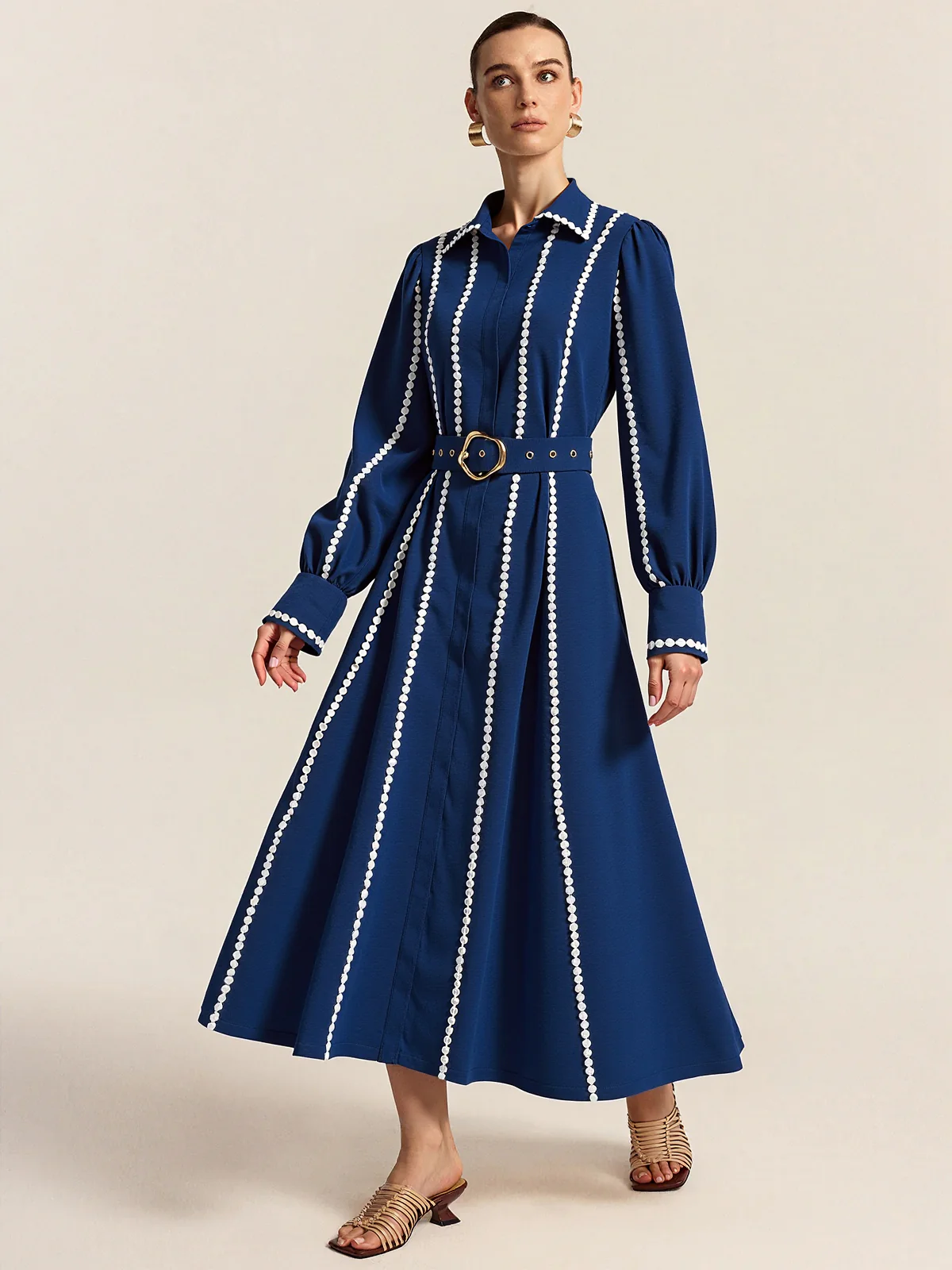 Contrast Lace-Trimmed Belted Shirt Dress - Wholesalesil