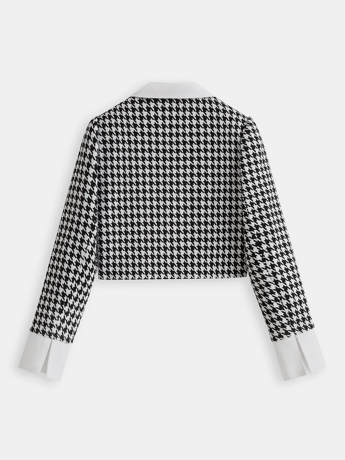 Contrast Collar Houndstooth Tweed Jacket - Wholesalesil