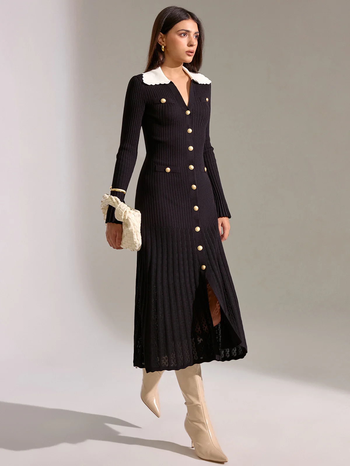 V-neck Collared Button Knitted Dress - Wholesalesil