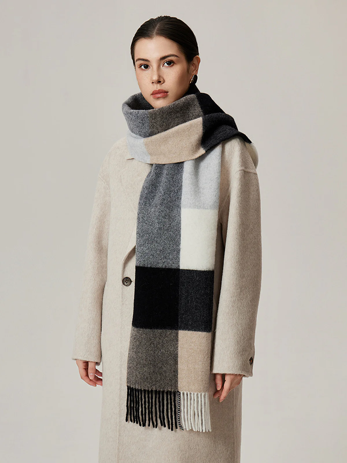 Fringe Detail Checkered Wool Scarf - Wholesalesil