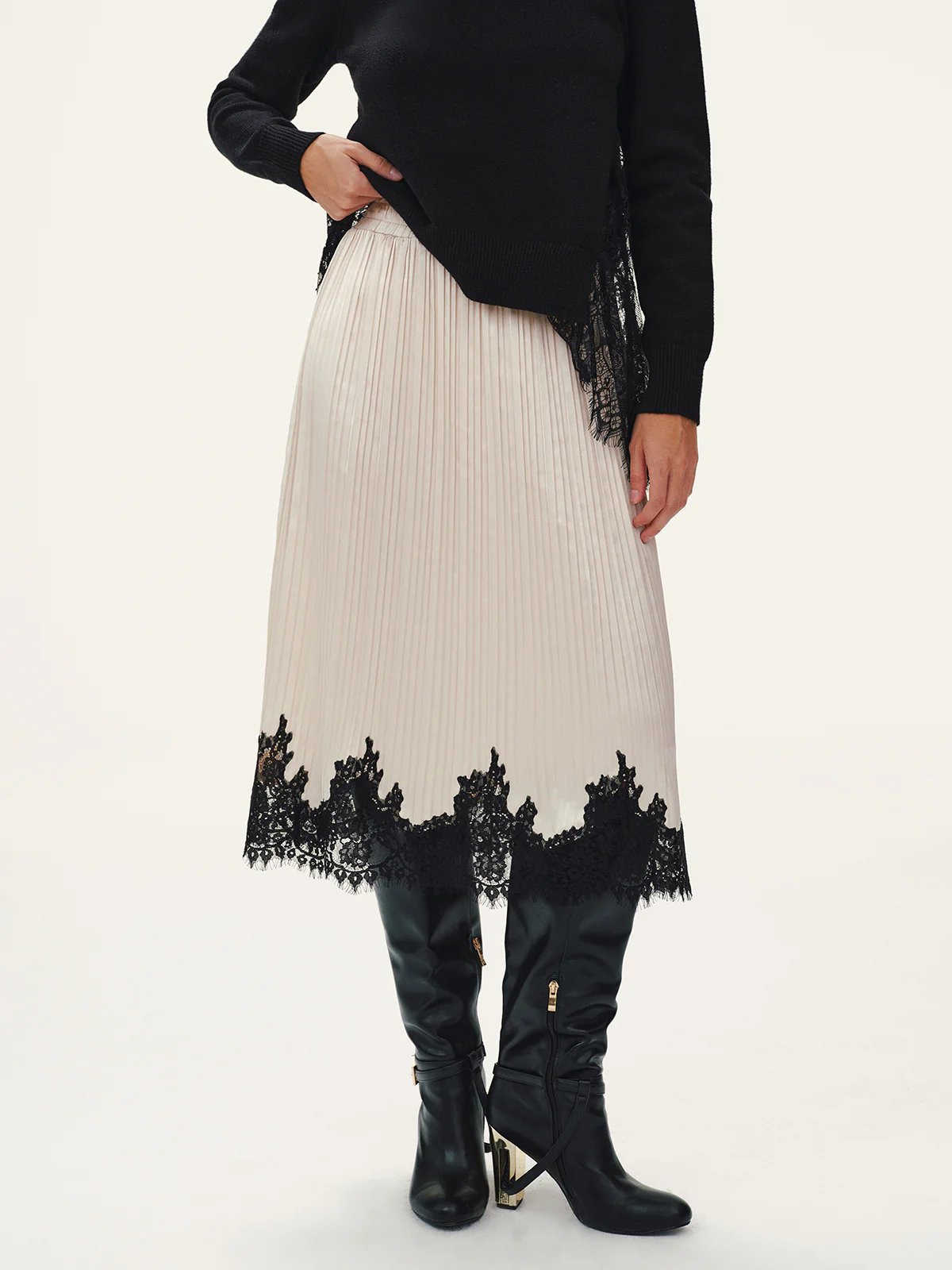 Lace Hem Pleated Midi Skirt - Wholesalesil