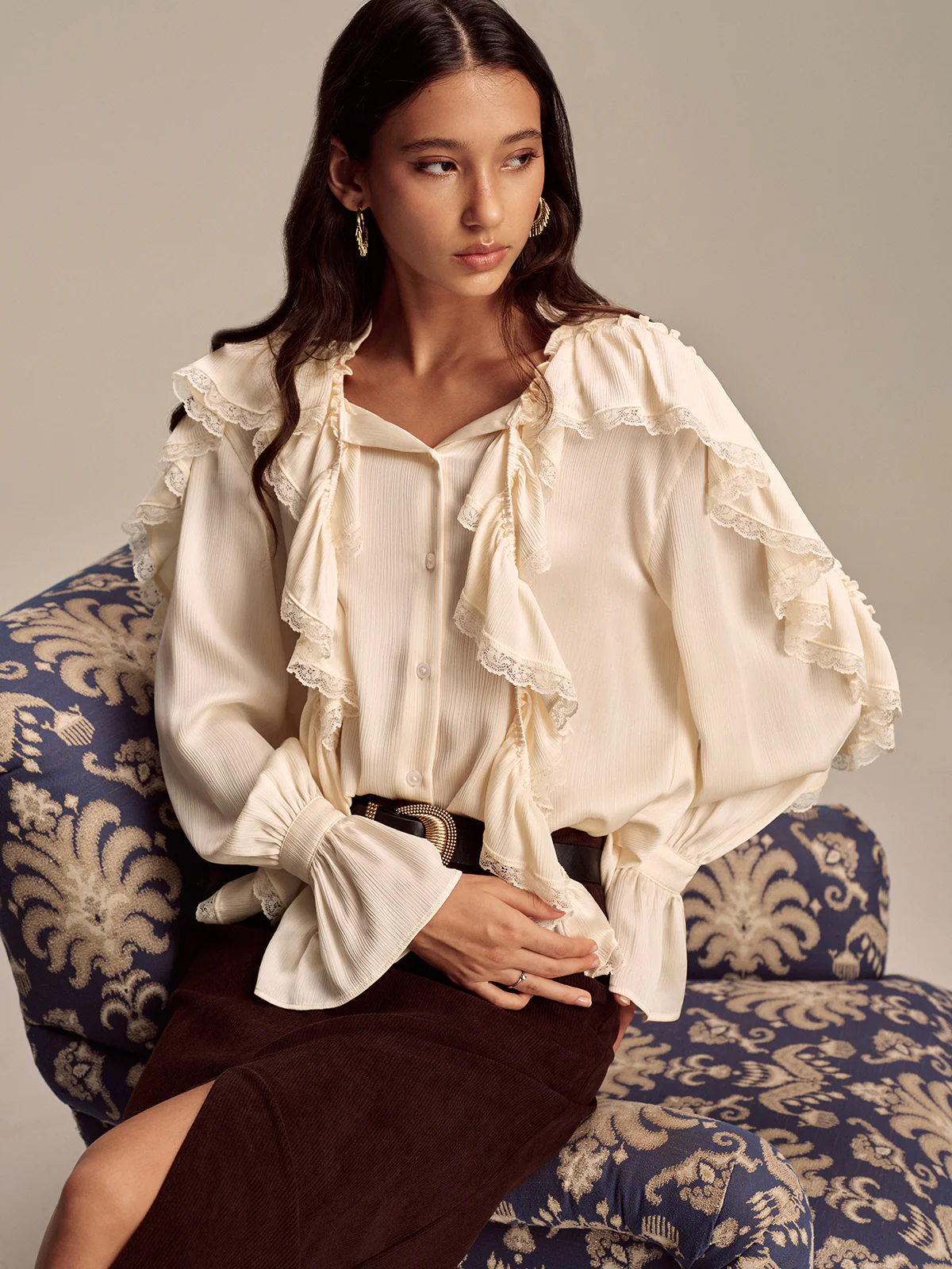 Ruffled Lace Trim Bell Sleeve Shirt - Wholesalesil