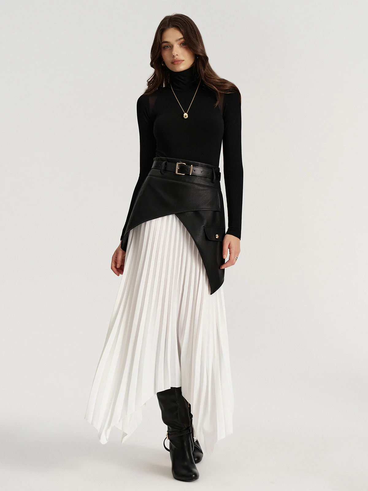 Belted Asymmetric Faux Leather Panel Pleated Maxi Skirt - Wholesalesil