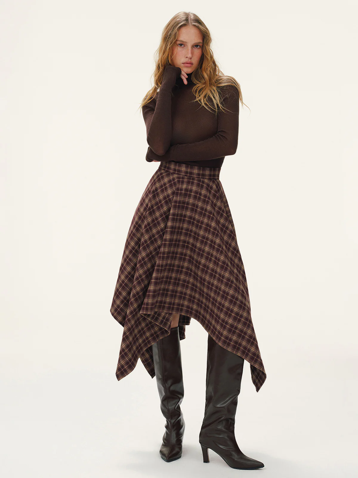 Plaid Asymmetric Midi Skirt - Wholesalesil