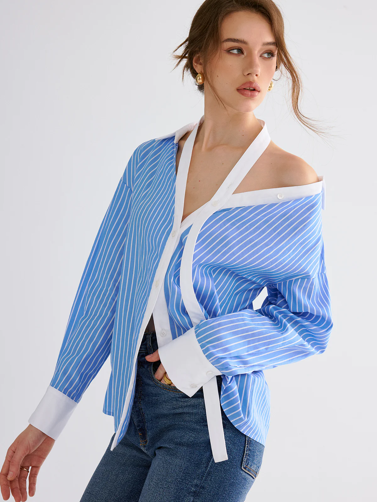 Striped Split-collar Shirt - Wholesalesil