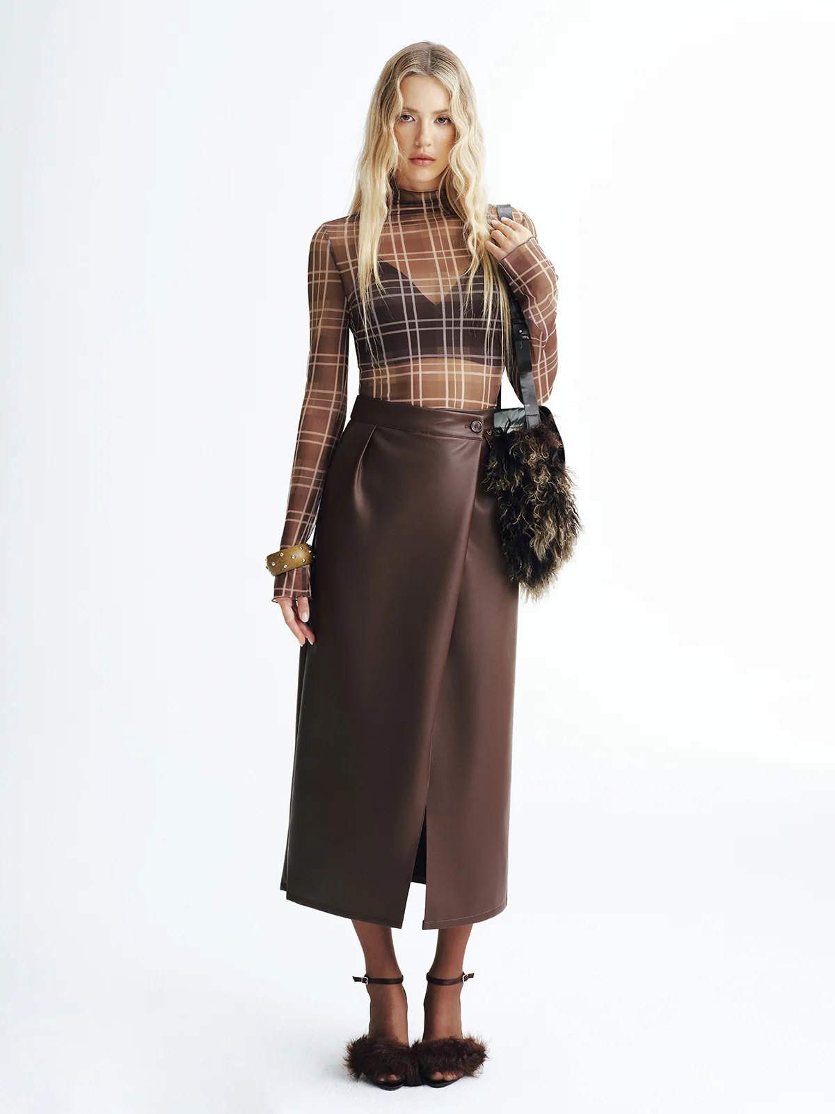 Faux Leather Slit Midi Skirt - Wholesalesil