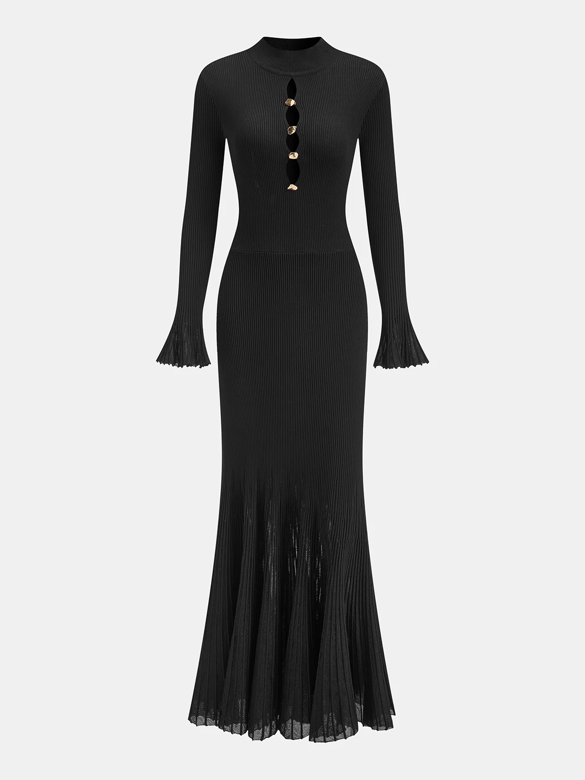 Metal Detail Cut-Out Ribbed Knit Maxi Dress - Wholesalesil