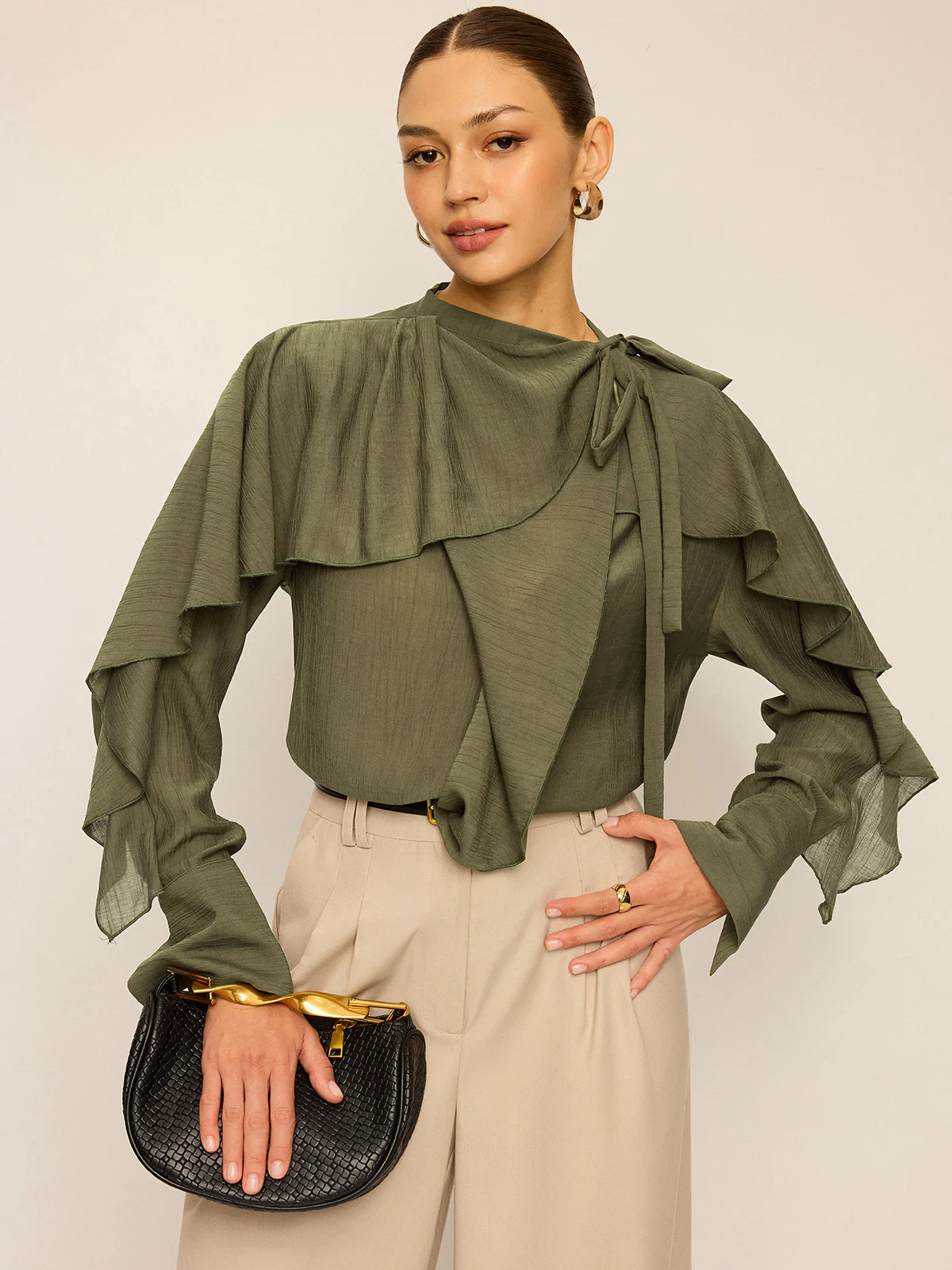 Neckline Tie Ruffled Blouse - Wholesalesil